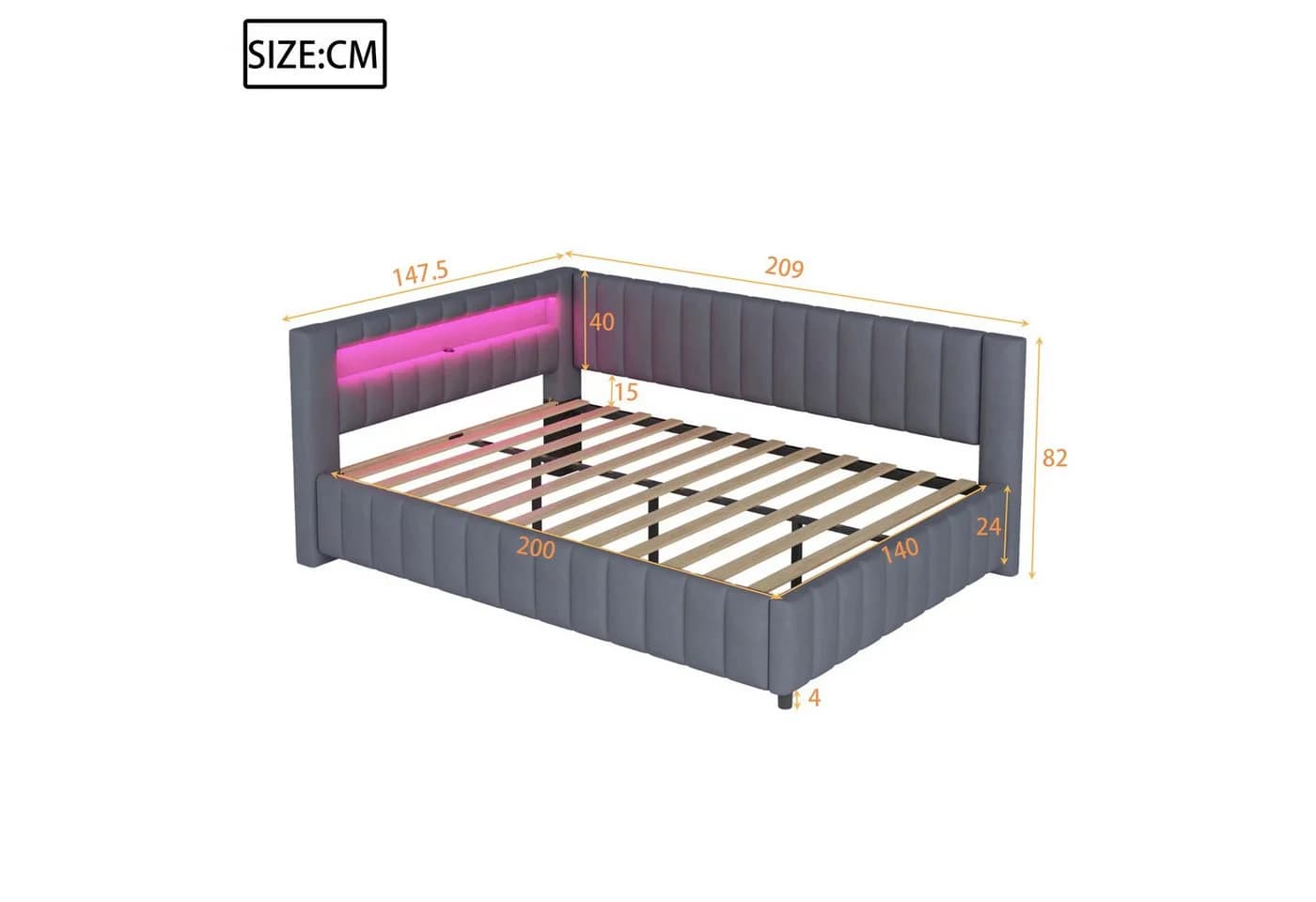 Flieks Daybett Polsterbett mit LED und USB grau - Bild 5