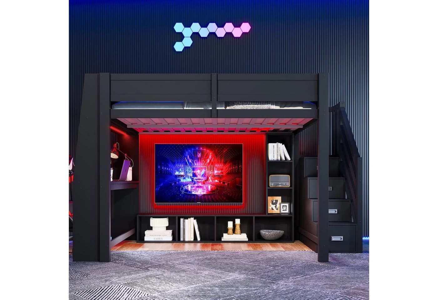 Flieks Hochbett mit LED, Stauraum, Schreibtisch & Treppe