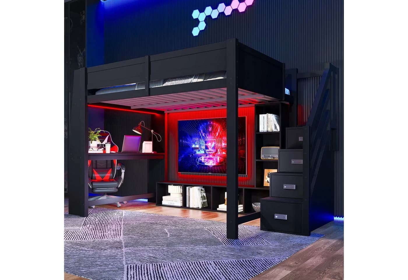 Flieks Hochbett mit LED, Stauraum, Schreibtisch & Treppe - Bild 2