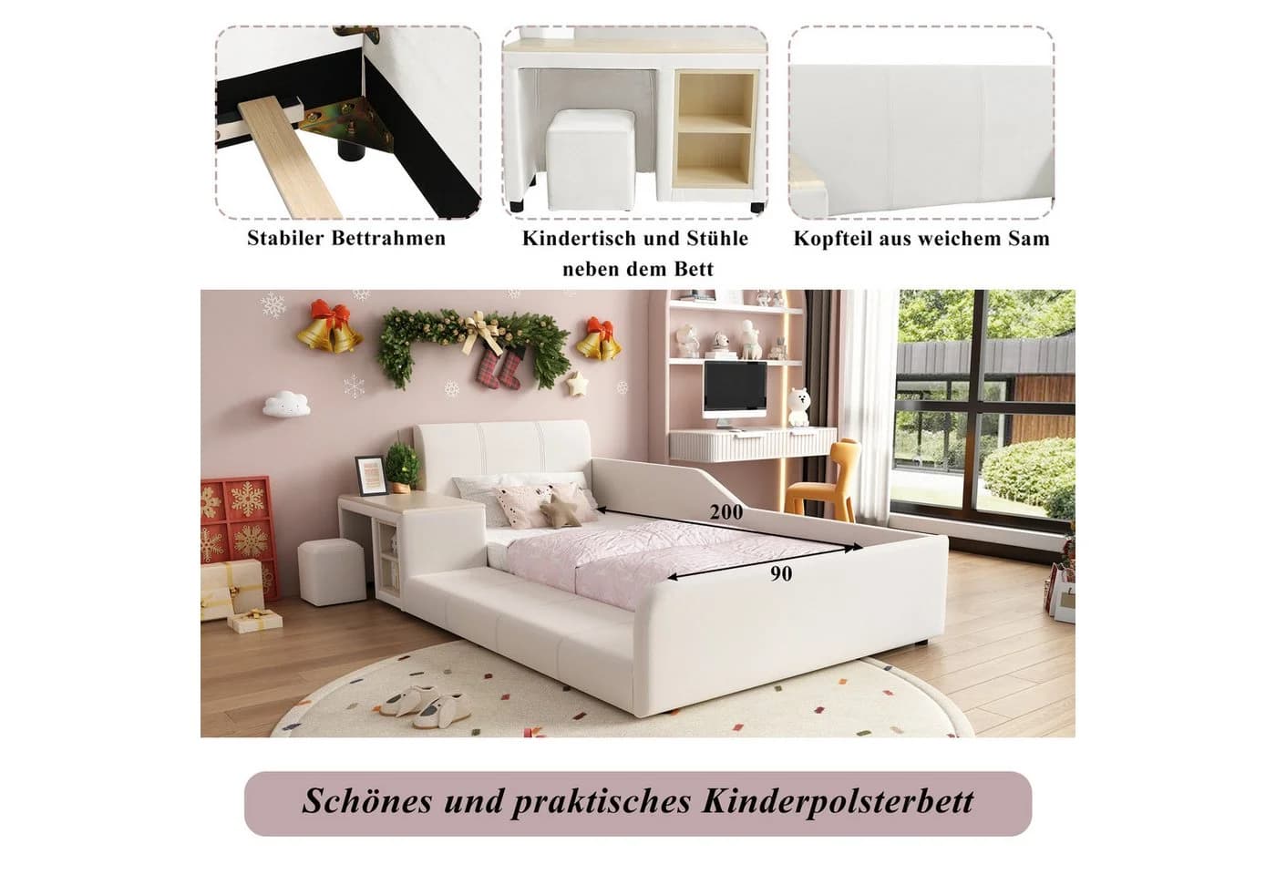 Flieks Polsterbett Kinderbett 90x200cm mit Schreibtisch und Hocker - Bild 4