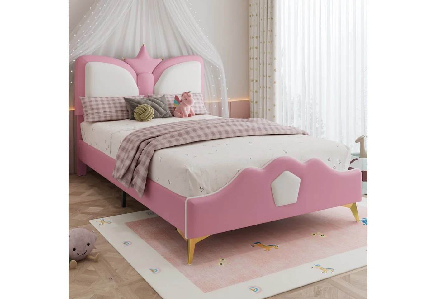 Flieks Polsterbett Kinderbett Einzelbett 90x200cm mit Kronenform Kopfteil