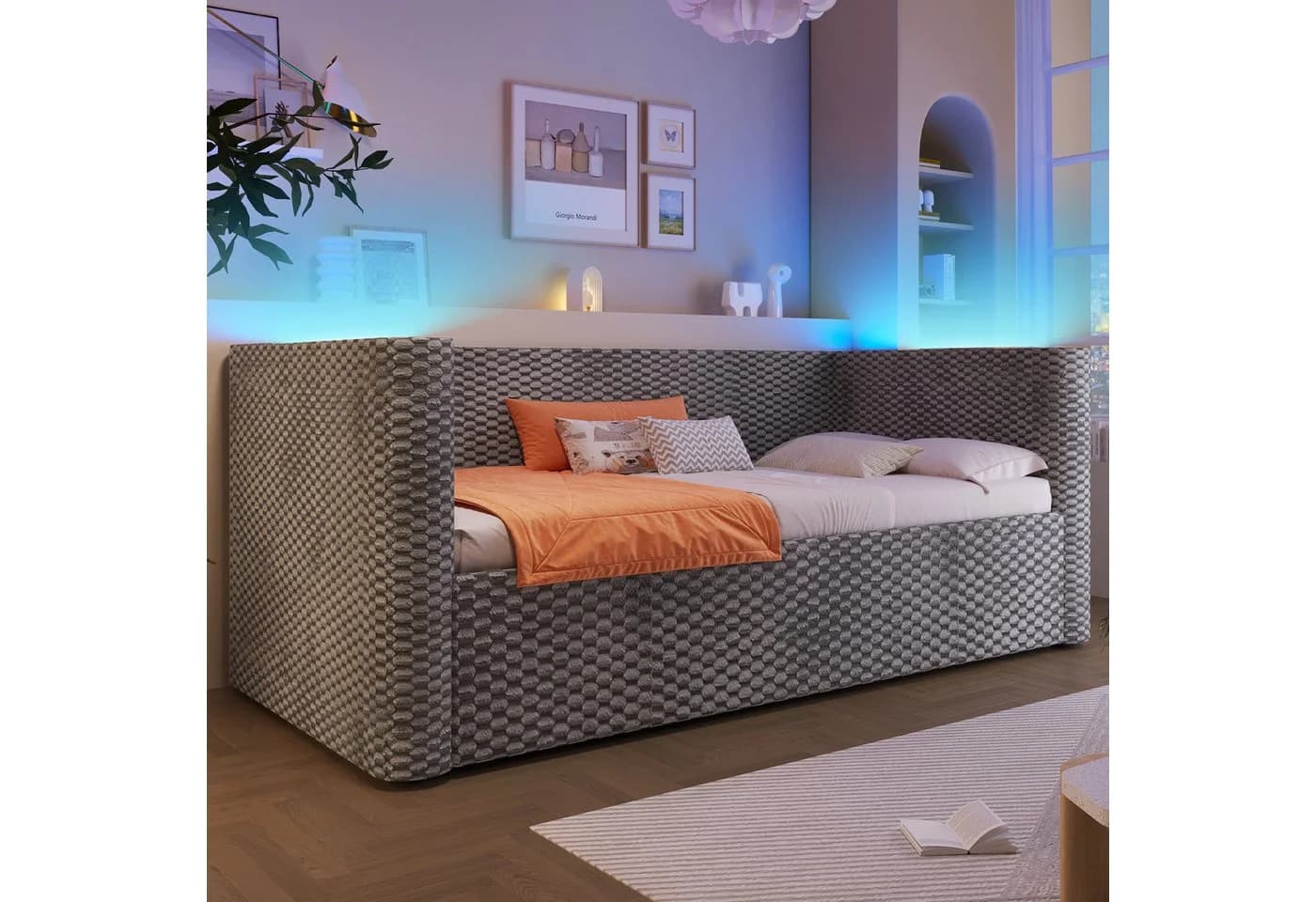 Flieks Polsterbett mit LED und Stauraum Grau Samt