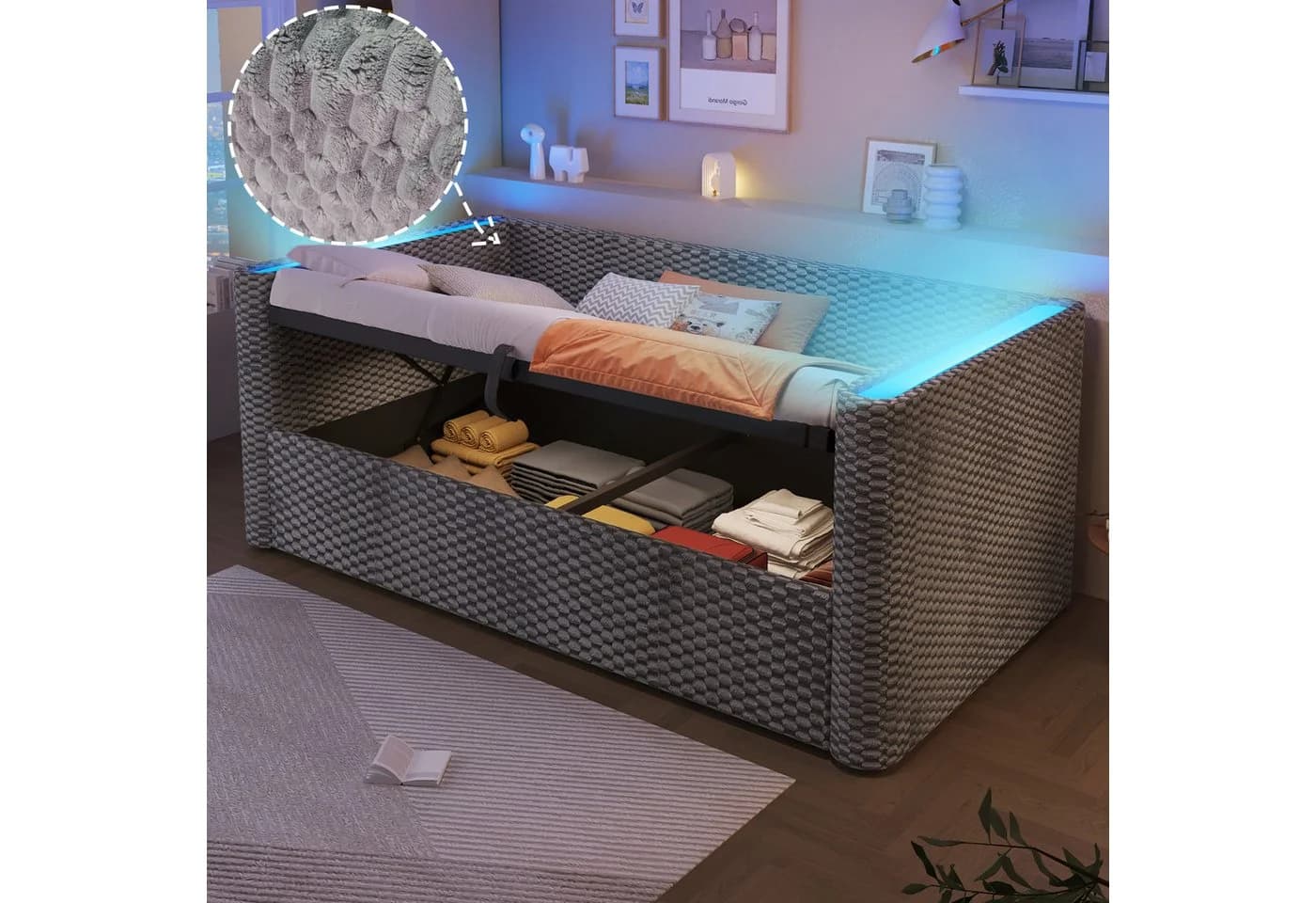Flieks Polsterbett mit LED und Stauraum Grau Samt - Bild 2