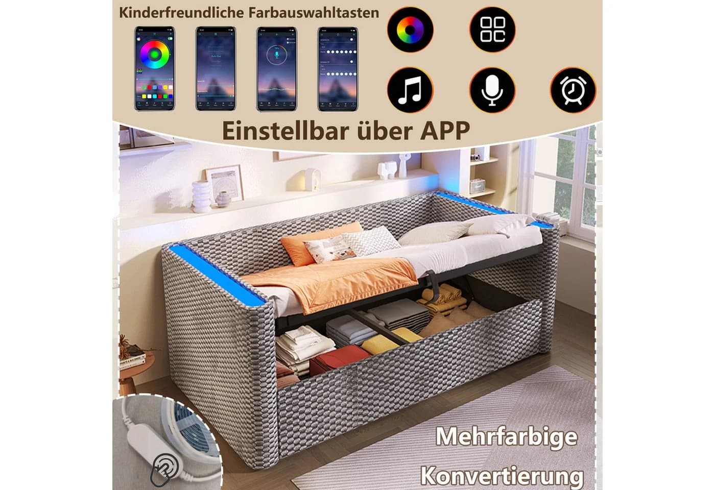 Flieks Polsterbett mit LED und Stauraum Grau Samt - Bild 5