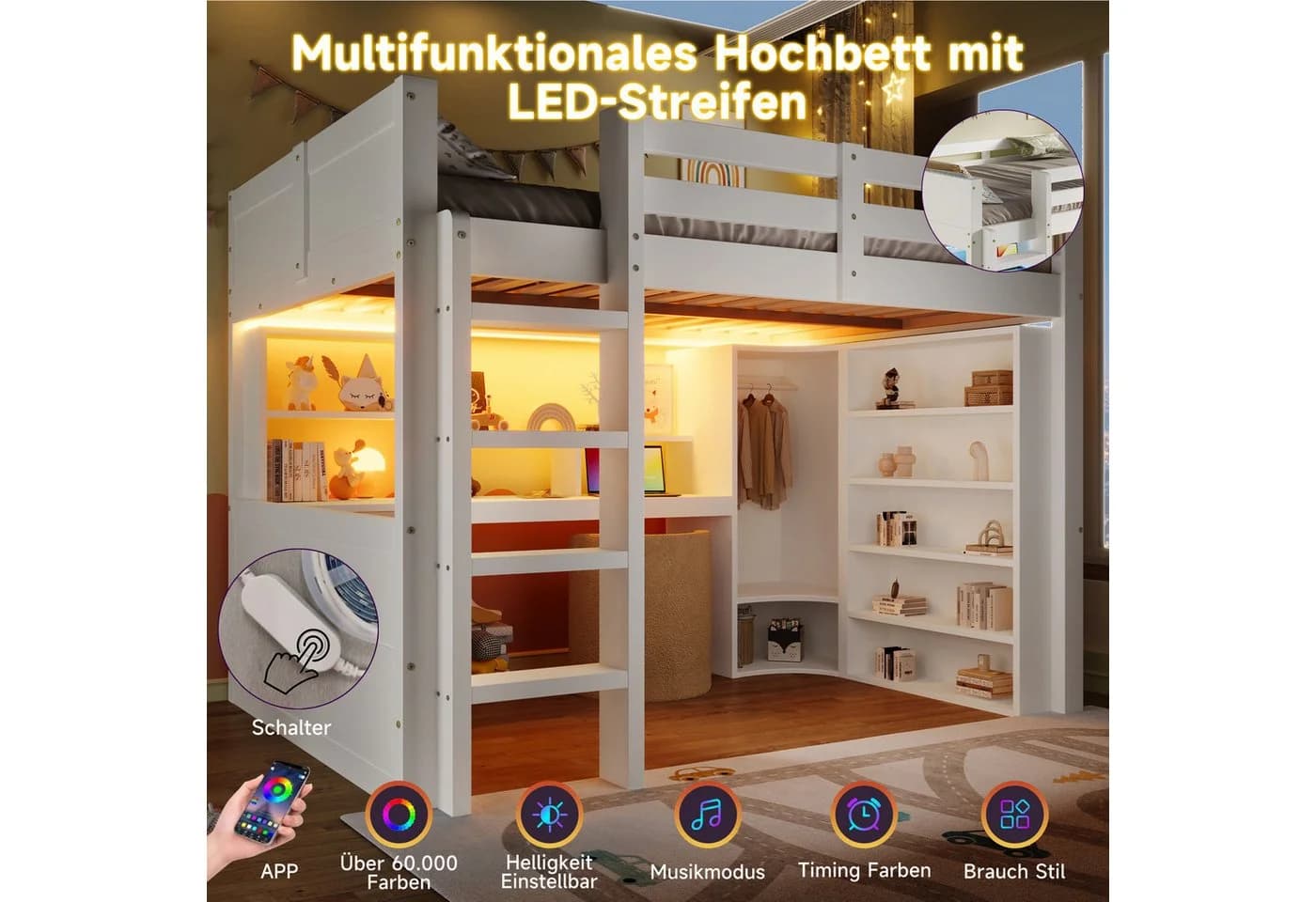 Flieks Hochbett Kinderbett 140x200cm mit LED-Lichtleiste - Bild 5