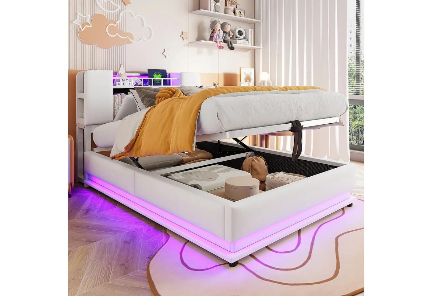 Flieks Polsterbett Hydraulisches Stauraumbett Kinderbett 90x200cm mit LED und Aufladen