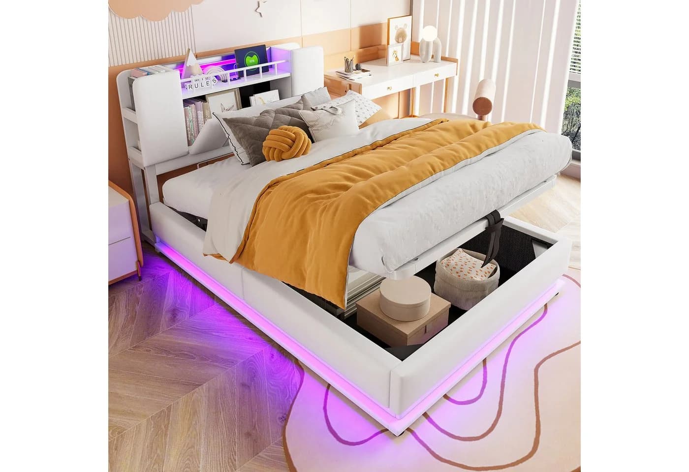 Flieks Polsterbett Hydraulisches Stauraumbett Kinderbett 90x200cm mit LED und Aufladen - Bild 2