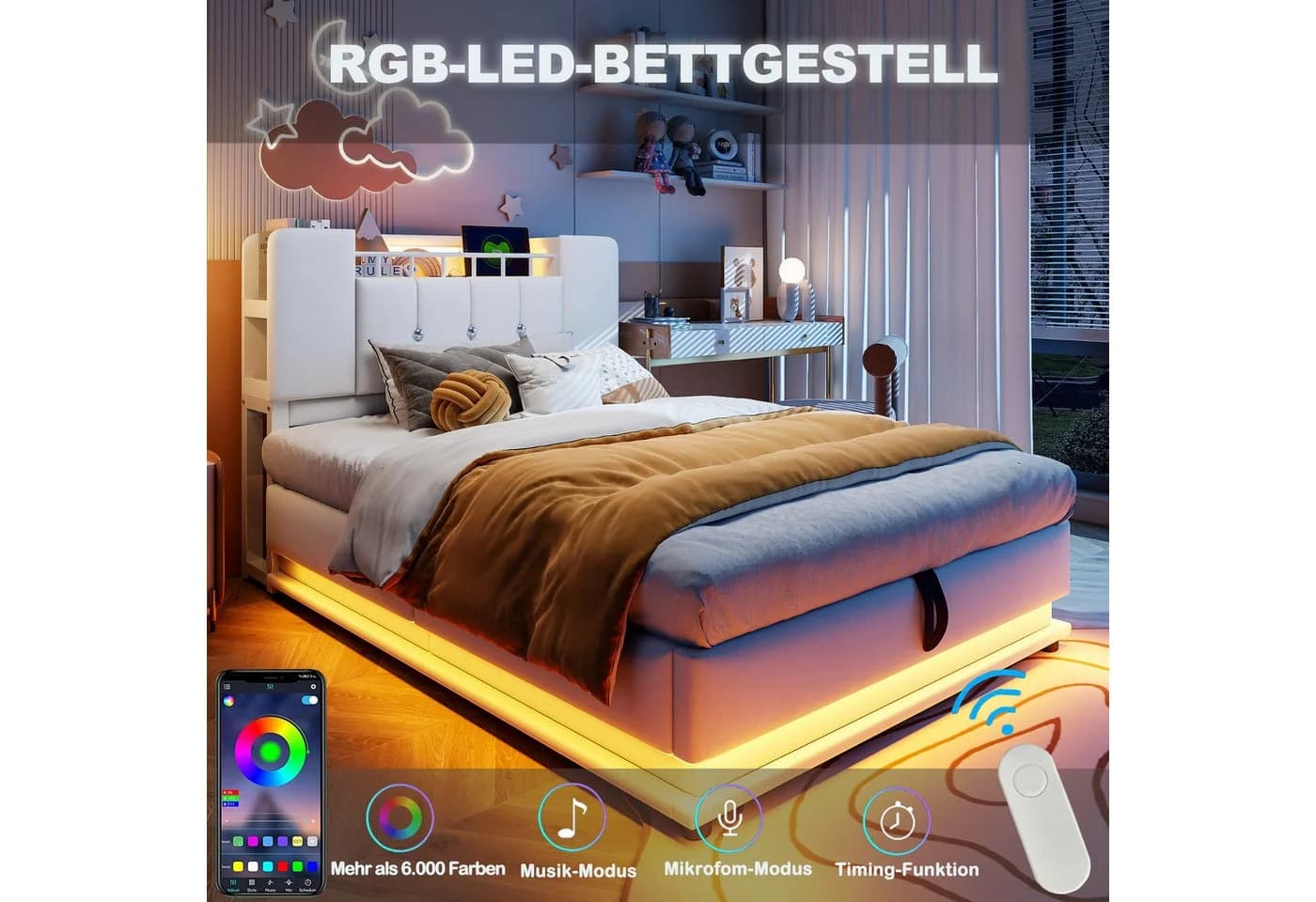 Flieks Polsterbett Hydraulisches Stauraumbett Kinderbett 90x200cm mit LED und Aufladen - Bild 4