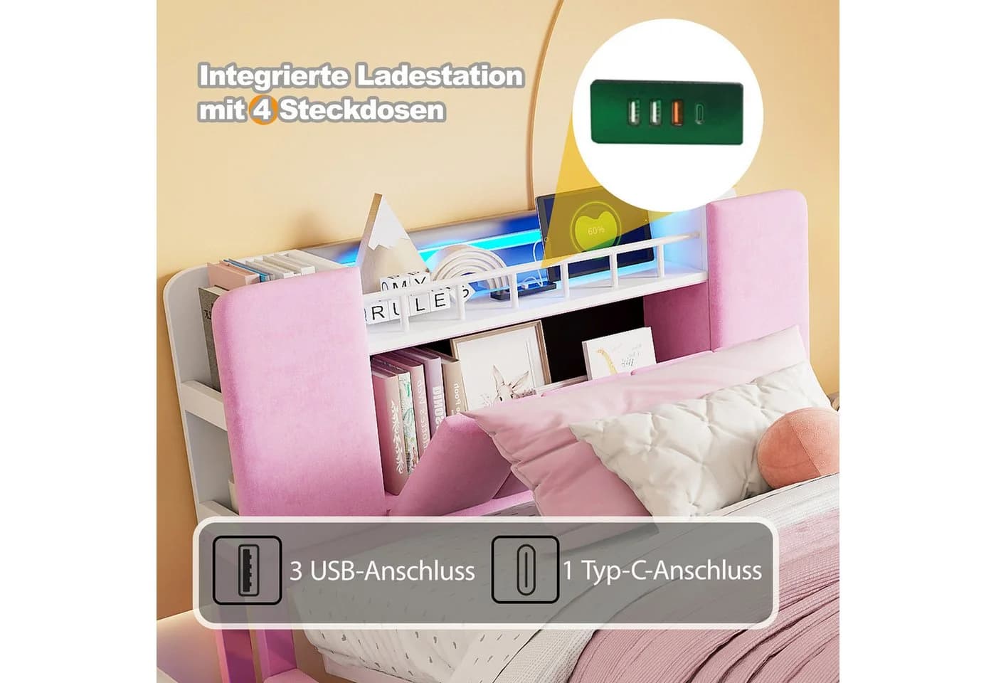 Flieks Kinderbett Hydraulisches Stauraumbett LED Aufladen - Bild 5