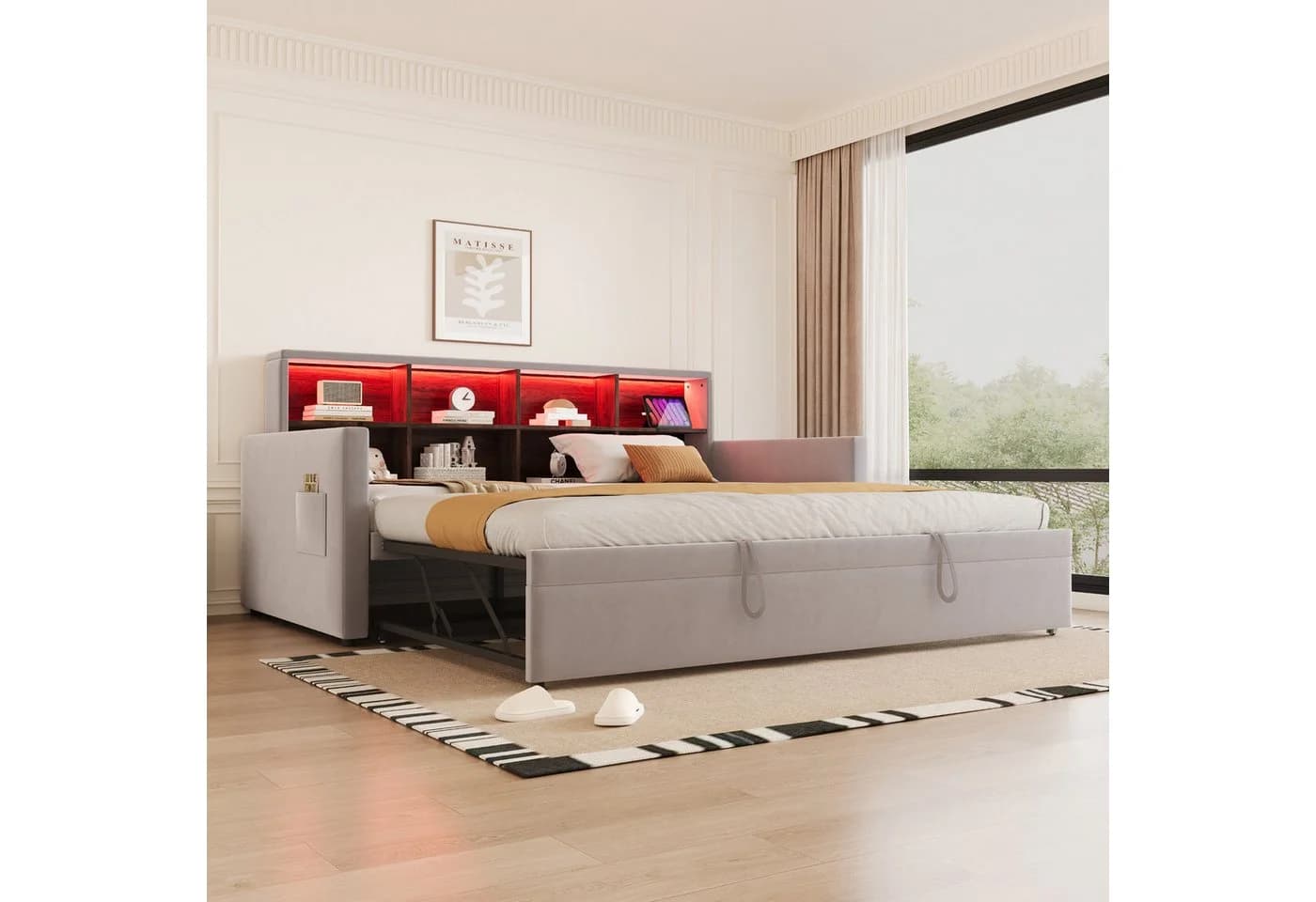 Flieks Daybett LED Polsterbett 90/180x190cm mit Ausziehbett und Staufächern
