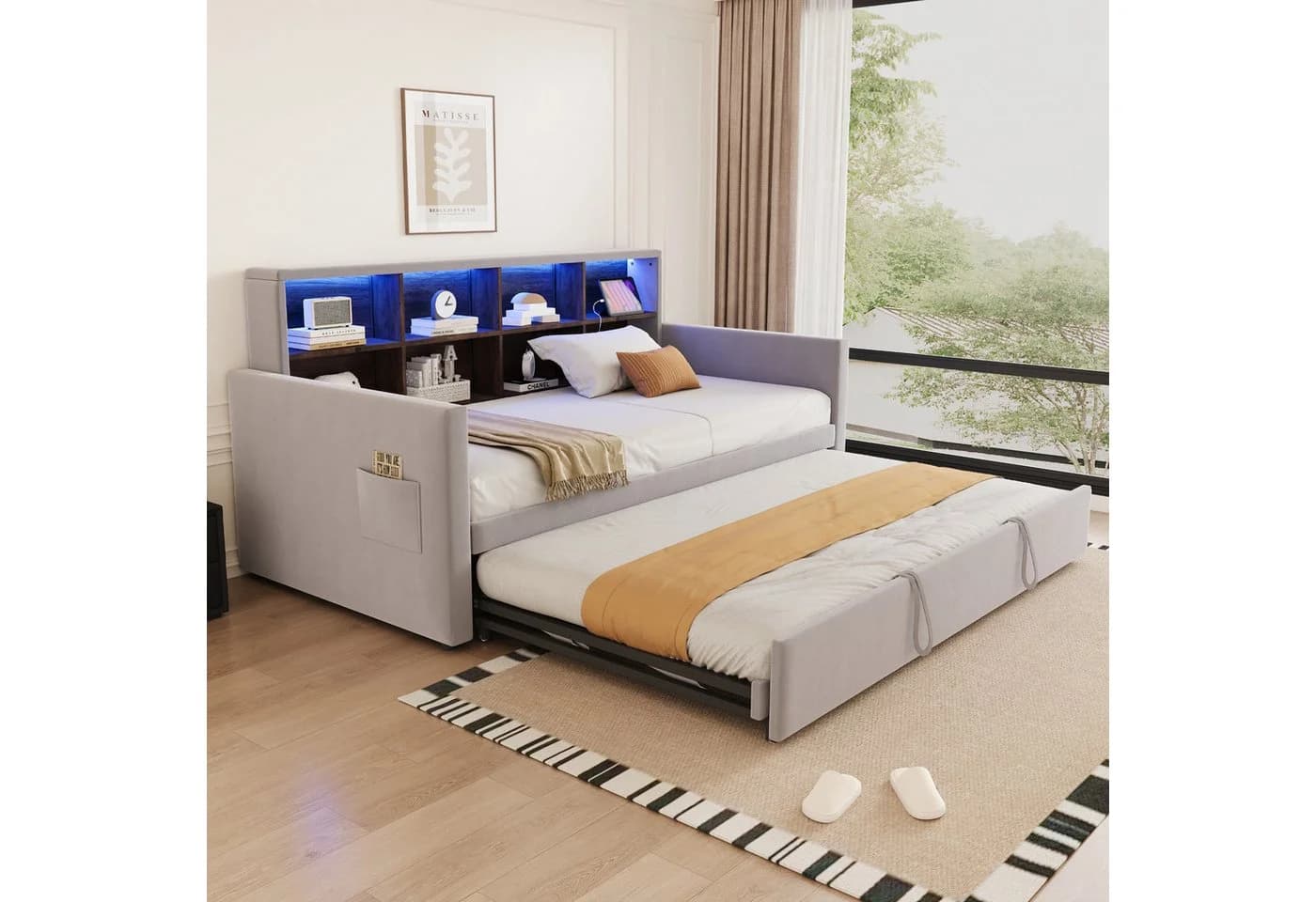 Flieks Daybett LED Polsterbett 90/180x190cm mit Ausziehbett und Staufächern - Bild 2