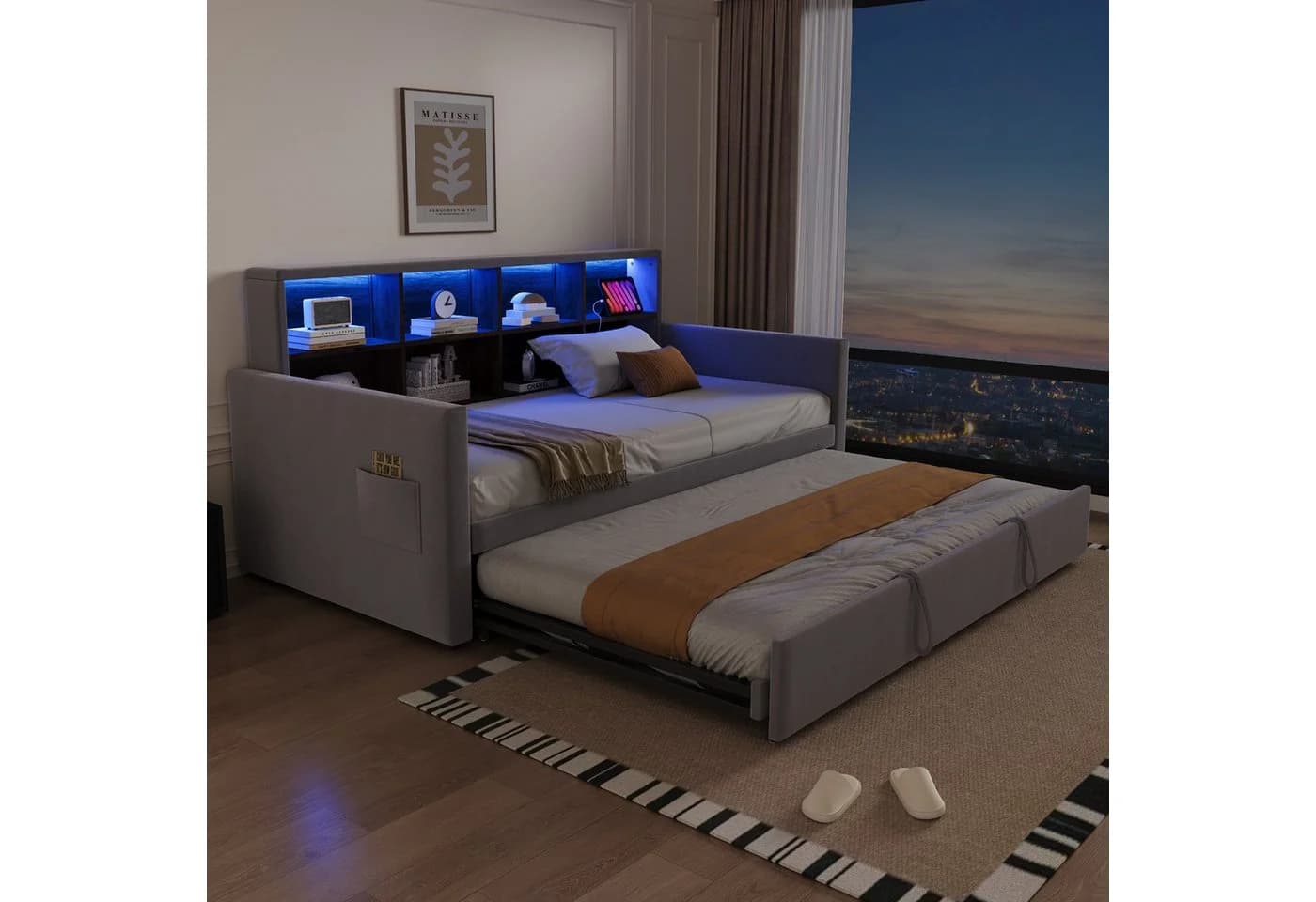Flieks Daybett LED Polsterbett 90/180x190cm mit Ausziehbett und Staufächern - Bild 4