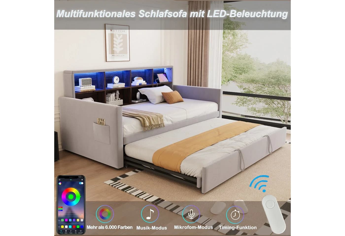 Flieks Daybett LED Polsterbett 90/180x190cm mit Ausziehbett und Staufächern - Bild 5