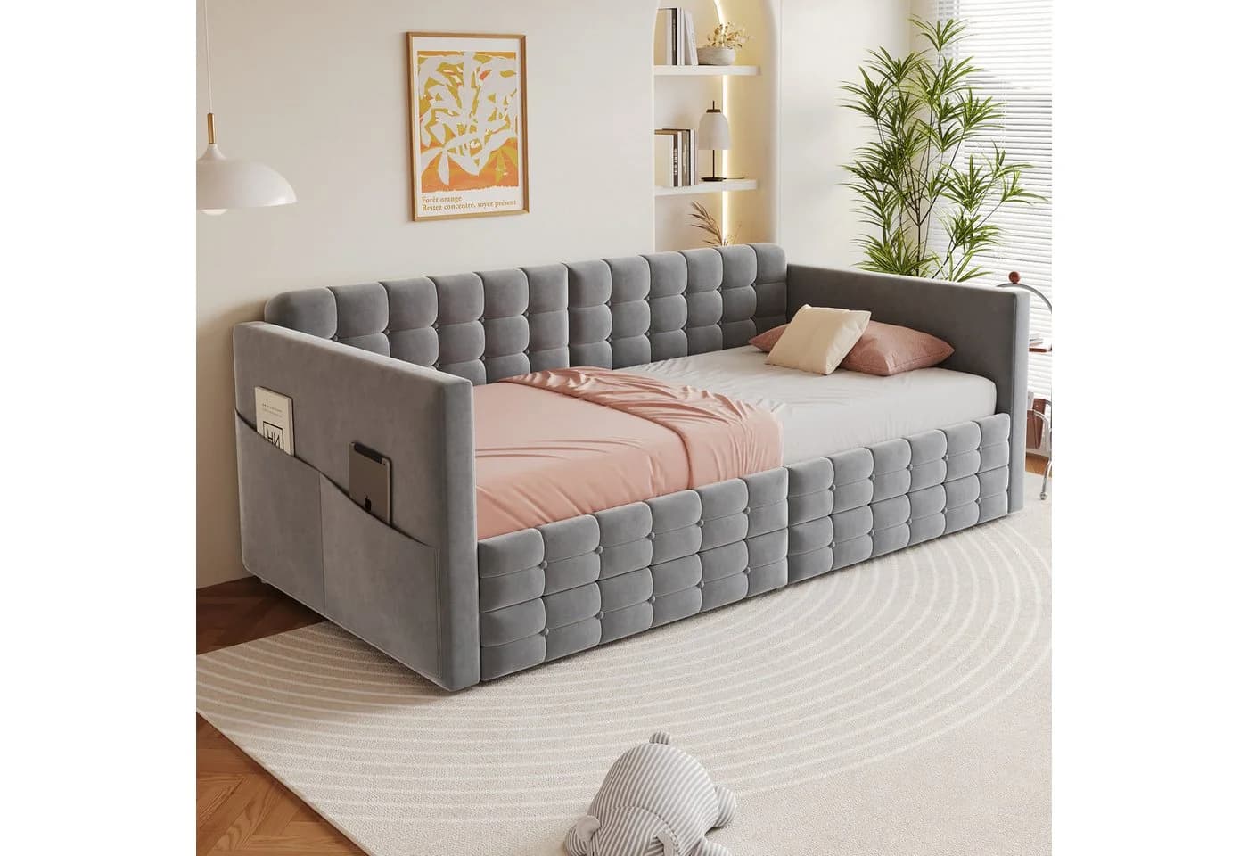 Flieks Daybett Polsterbett Schlafsofa Kinderbett 90x190cm mit Stautasche & Schubladen
