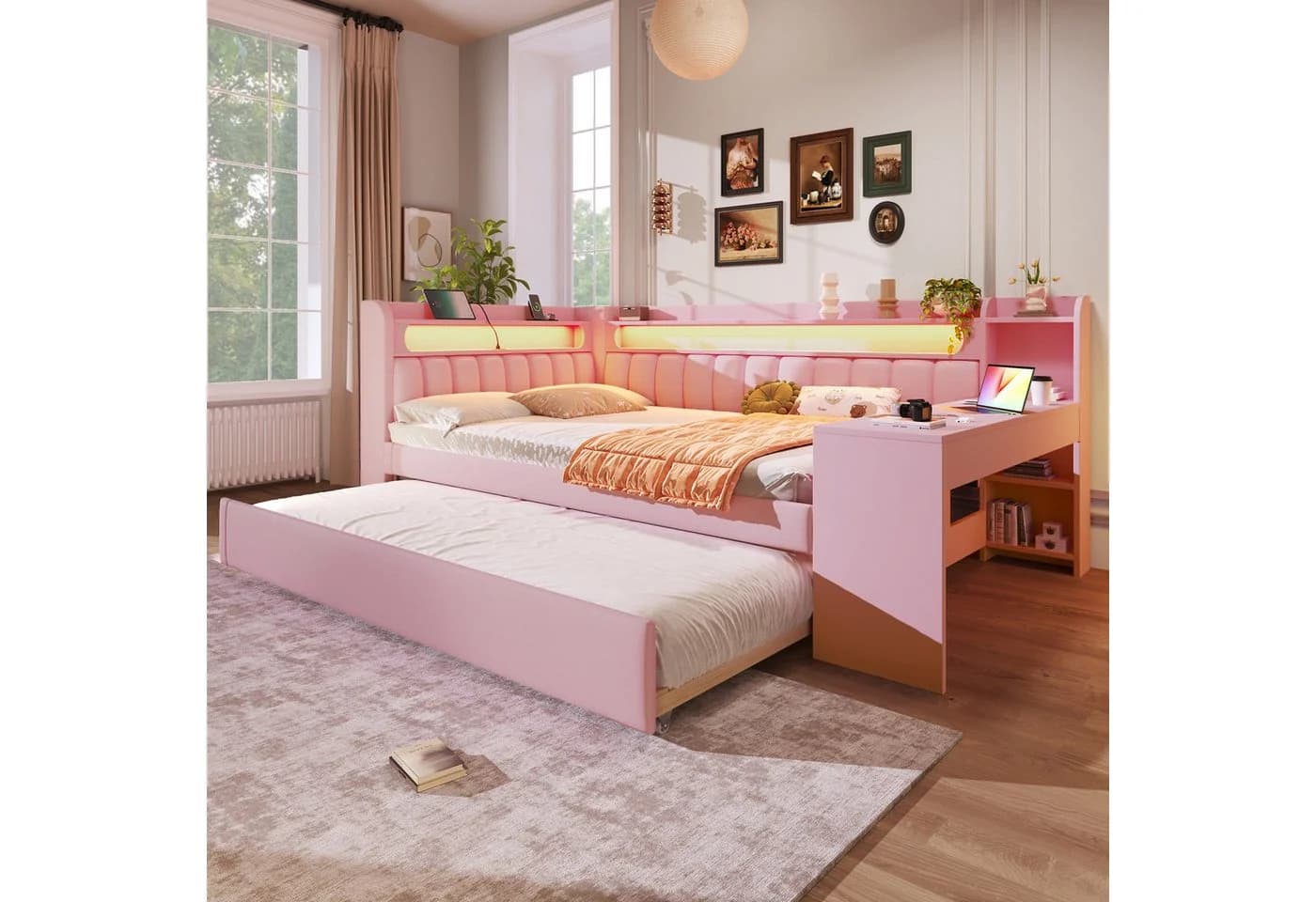 Flieks Daybett Polsterbett 140x200cm mit Ausziehbett 90x190cm USB LED Schreibtisch - Bild 2