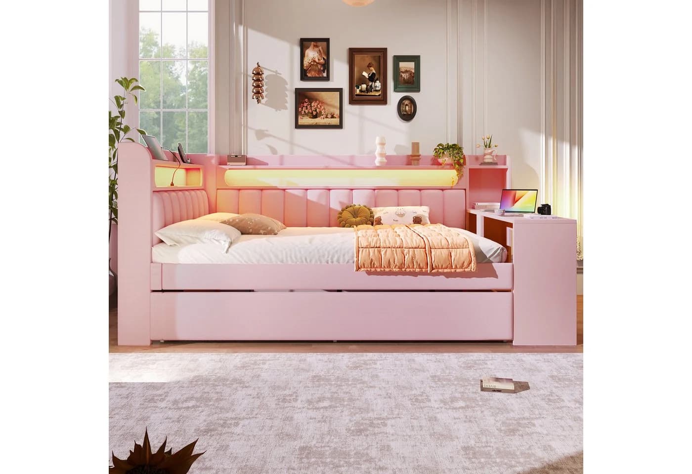 Flieks Daybett Polsterbett 140x200cm mit Ausziehbett 90x190cm USB LED Schreibtisch - Bild 3