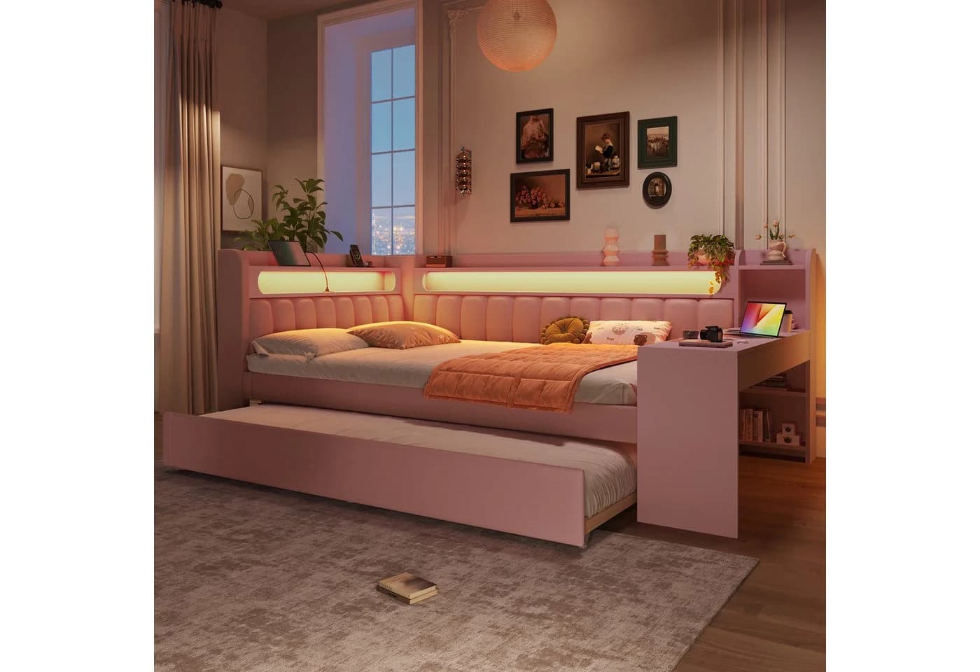 Flieks Daybett Polsterbett 140x200cm mit Ausziehbett 90x190cm USB LED Schreibtisch - Bild 4