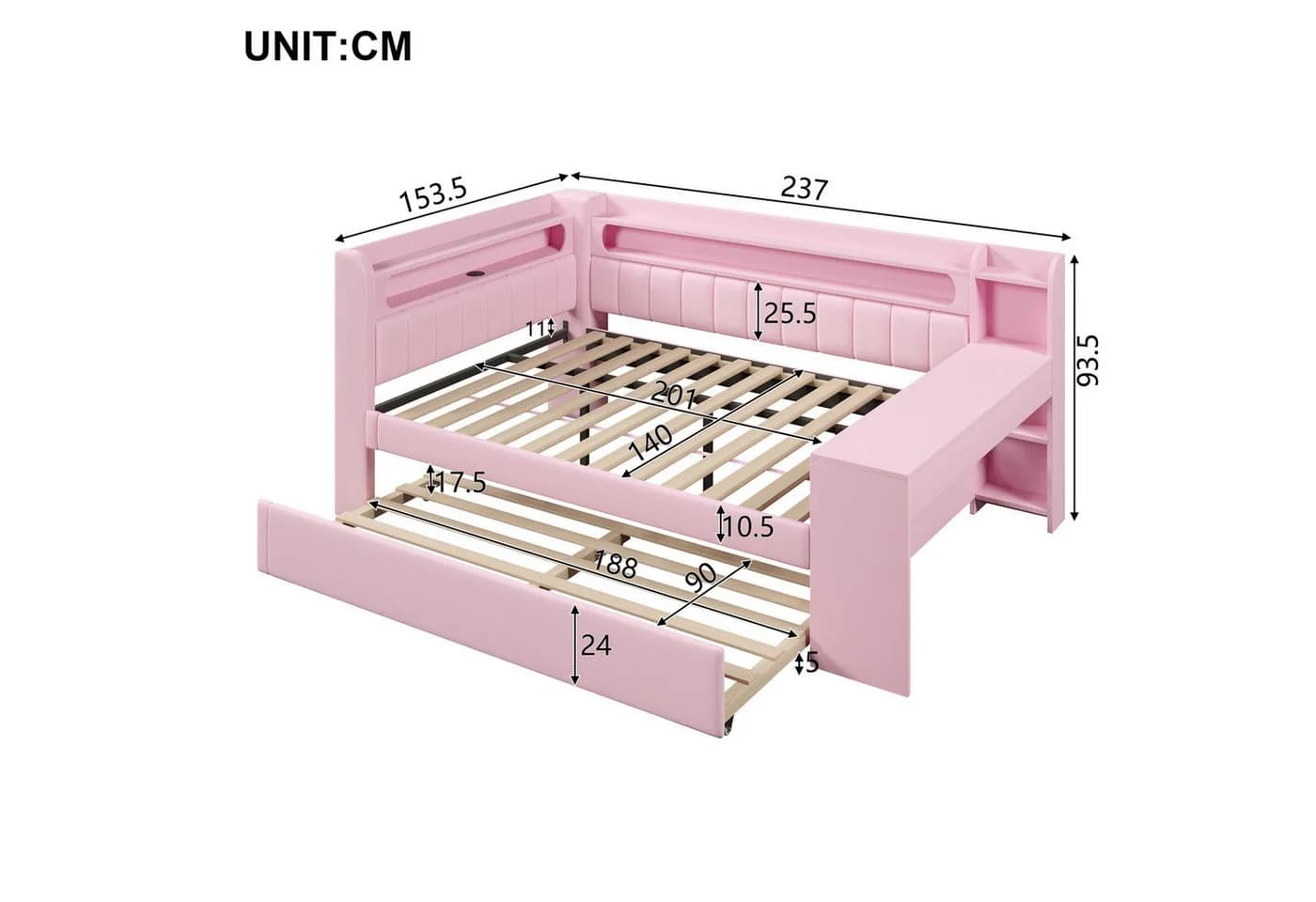 Flieks Daybett Polsterbett 140x200cm mit Ausziehbett 90x190cm USB LED Schreibtisch - Bild 5