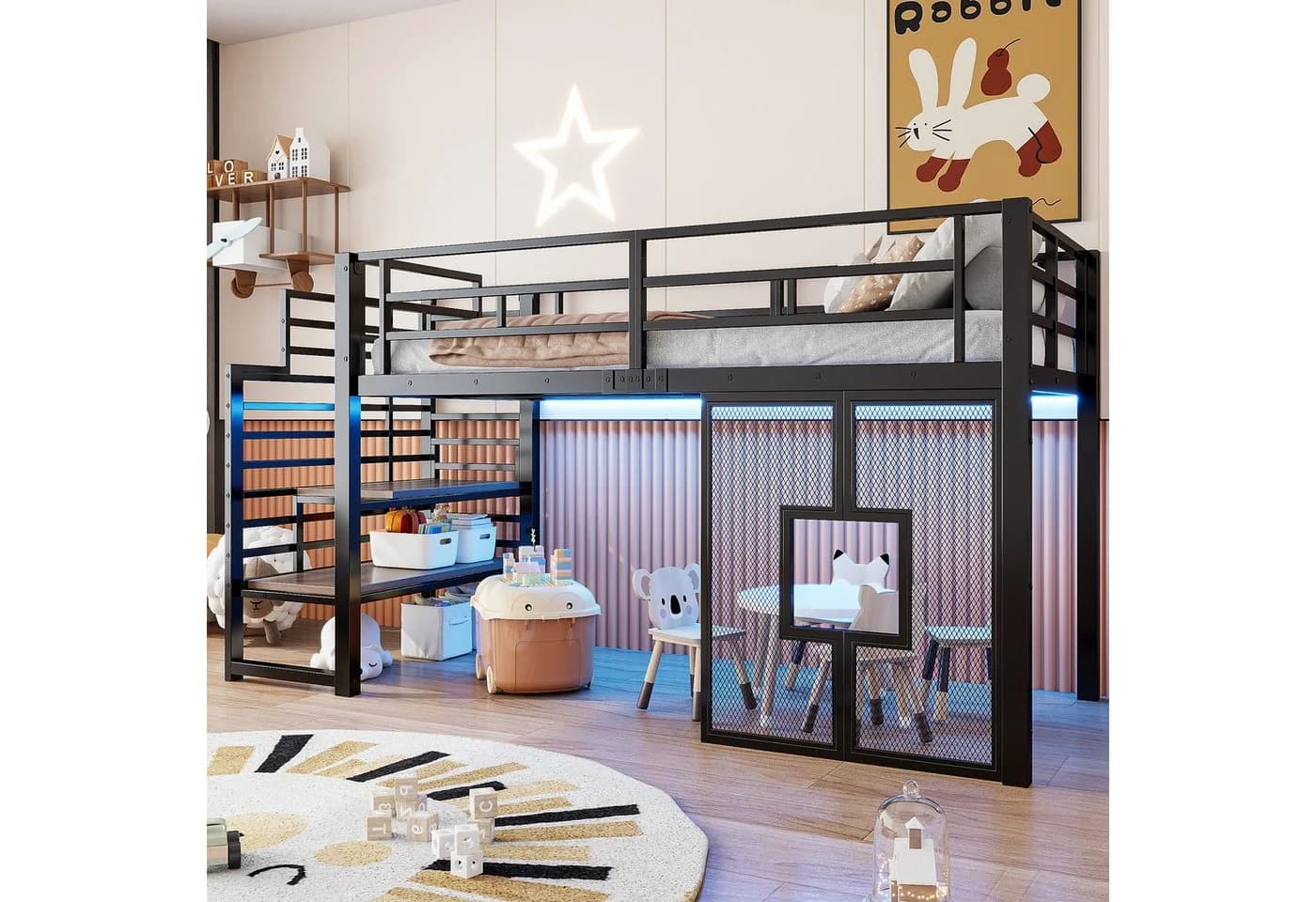 Flieks Hochbett Metallbett Kinderbett 90x200cm mit LED-Beleuchtung