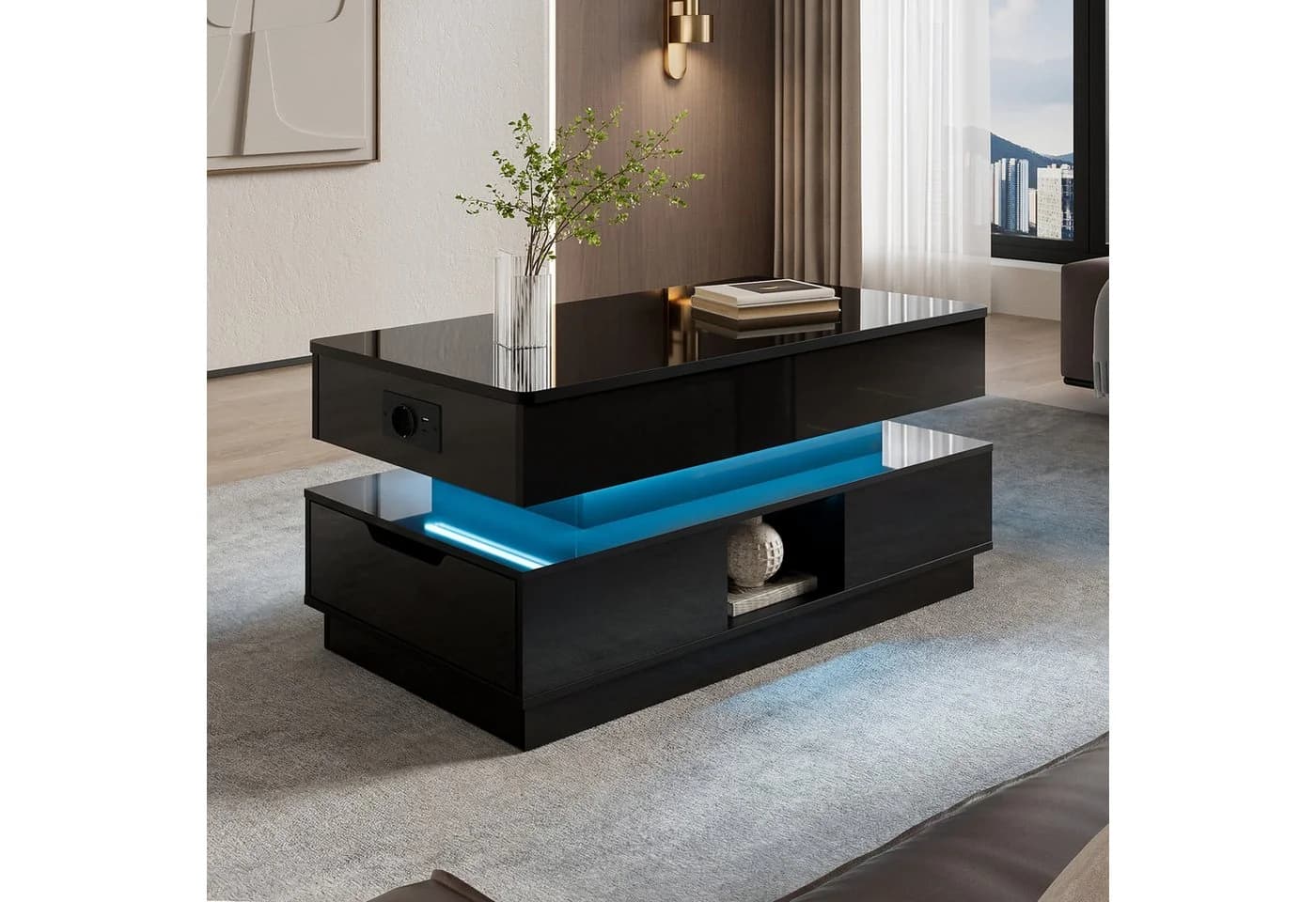 Merax Couchtisch hochglanz Schwarz mit LED-Beleuchtung & Steckdose