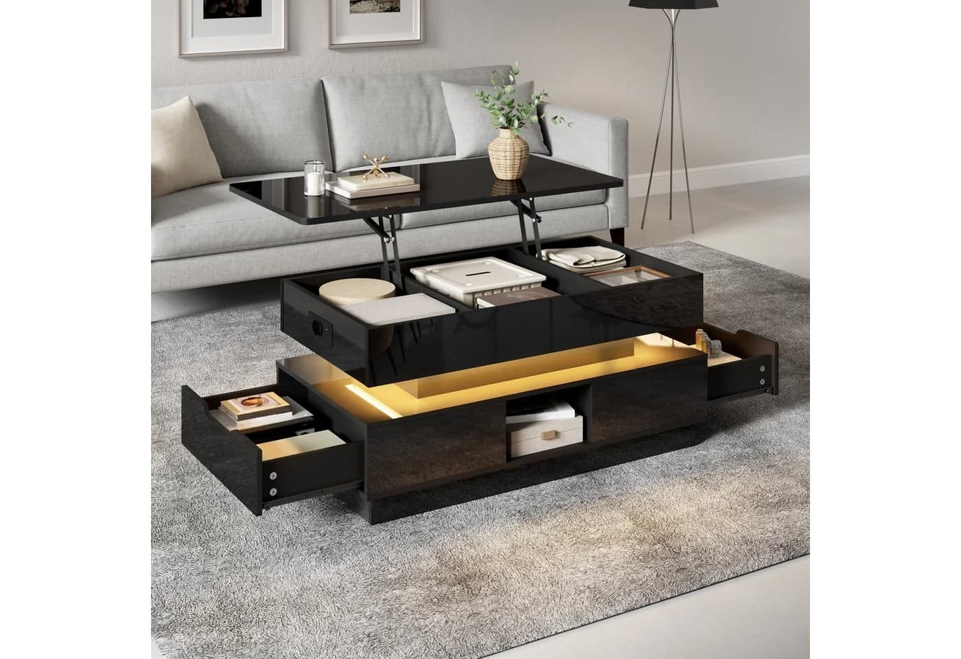 Merax Couchtisch hochglanz Schwarz mit LED-Beleuchtung & Steckdose - Bild 2
