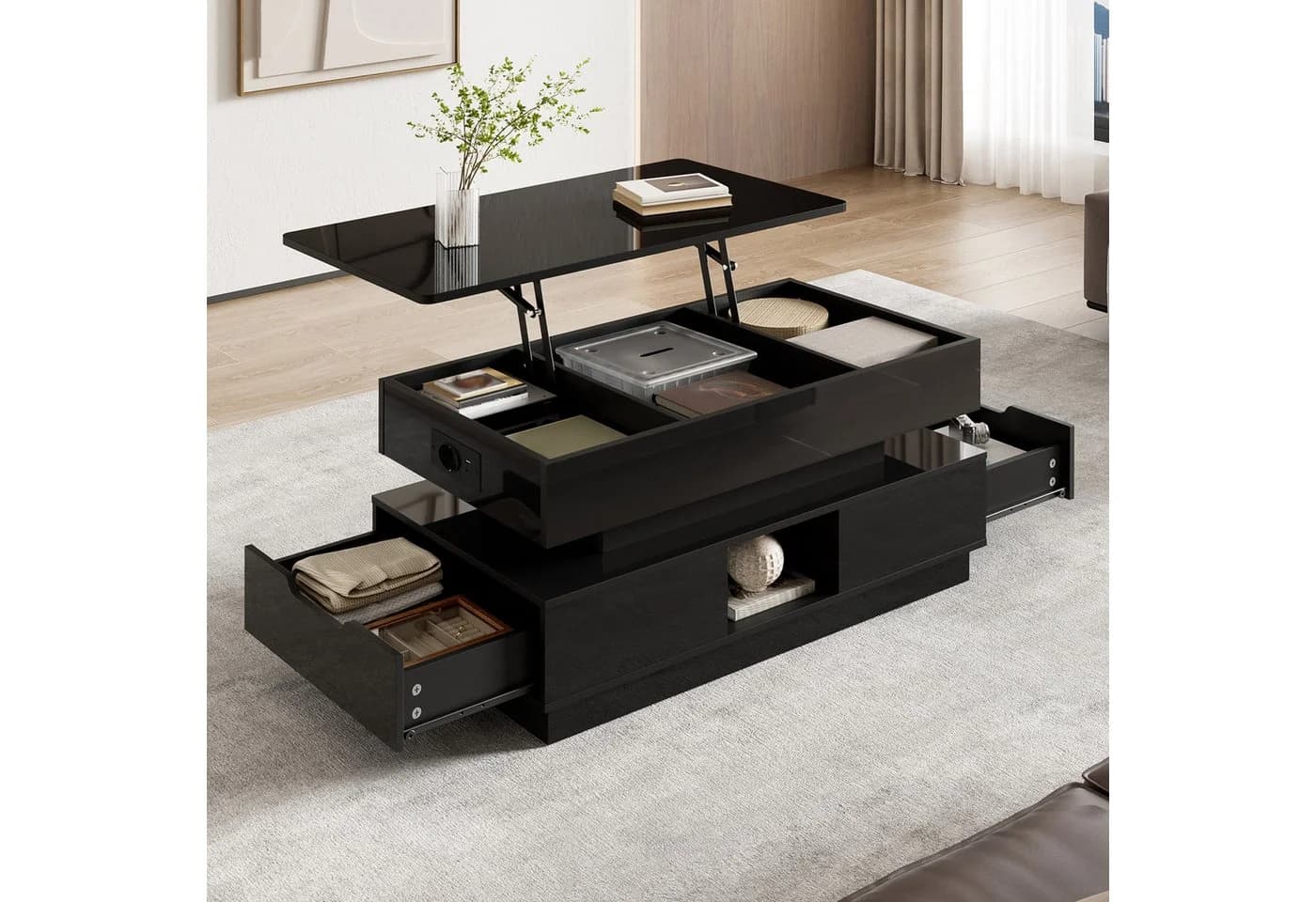 Merax Couchtisch hochglanz Schwarz mit LED-Beleuchtung & Steckdose - Bild 4