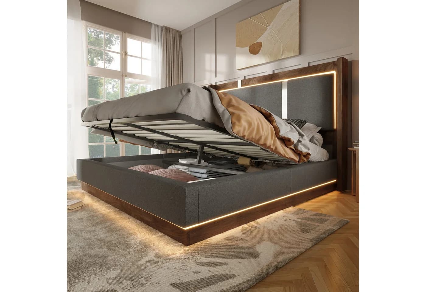 Flieks Polsterbett Grau mit LED-Beleuchtung & Stauraum