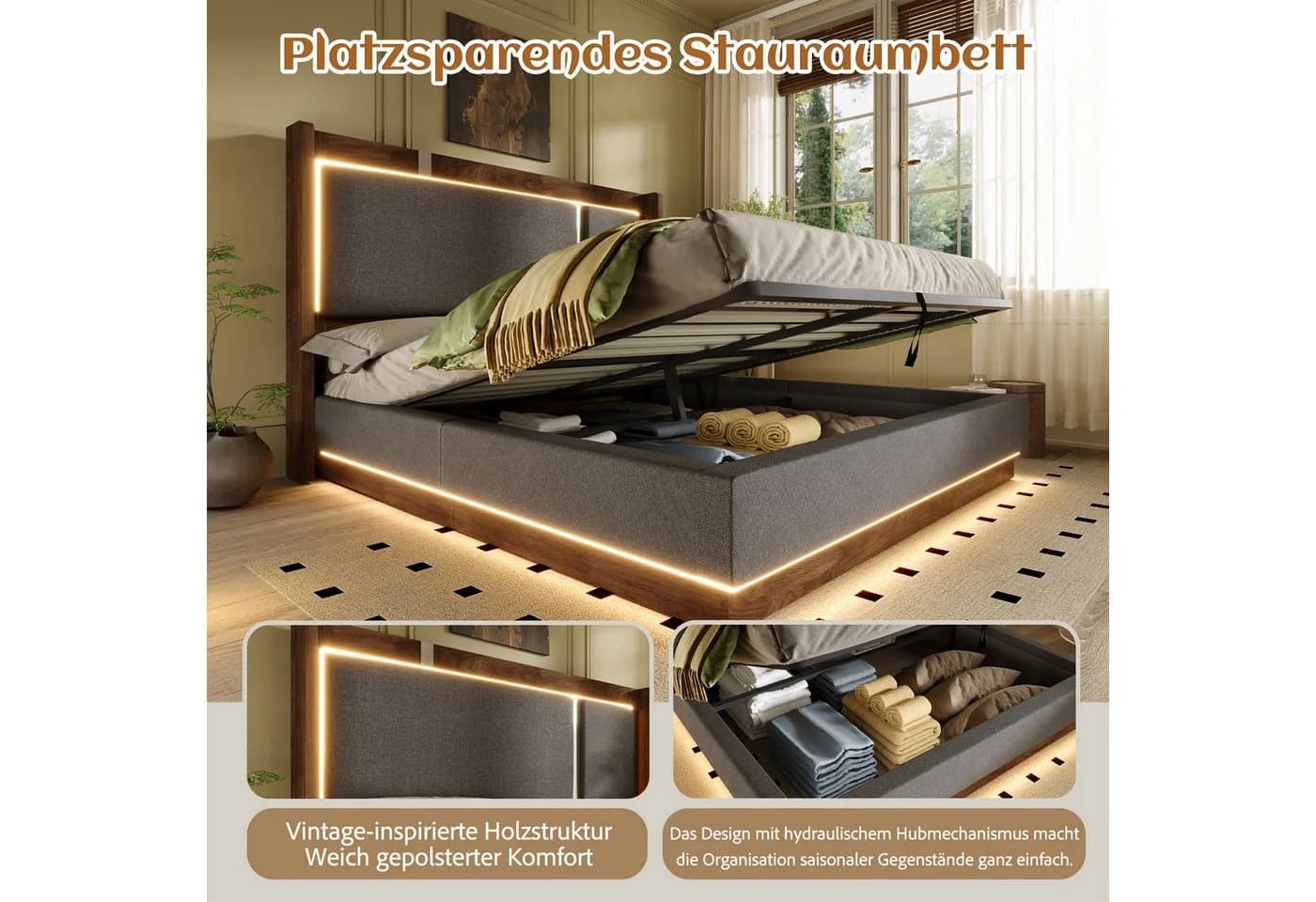 Flieks Polsterbett Grau mit LED-Beleuchtung & Stauraum - Bild 4