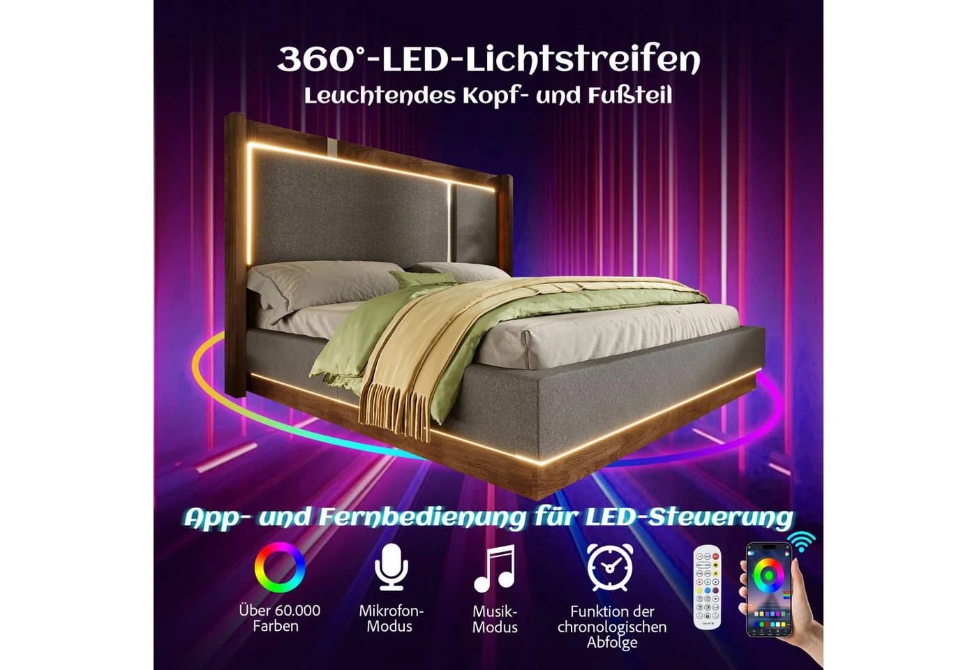 Flieks Polsterbett Grau mit LED-Beleuchtung & Stauraum - Bild 5