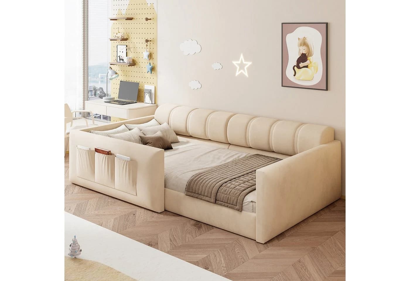 Flieks Polsterbett mit Stauraumtasche und Samtbezug Beige - Bild 2