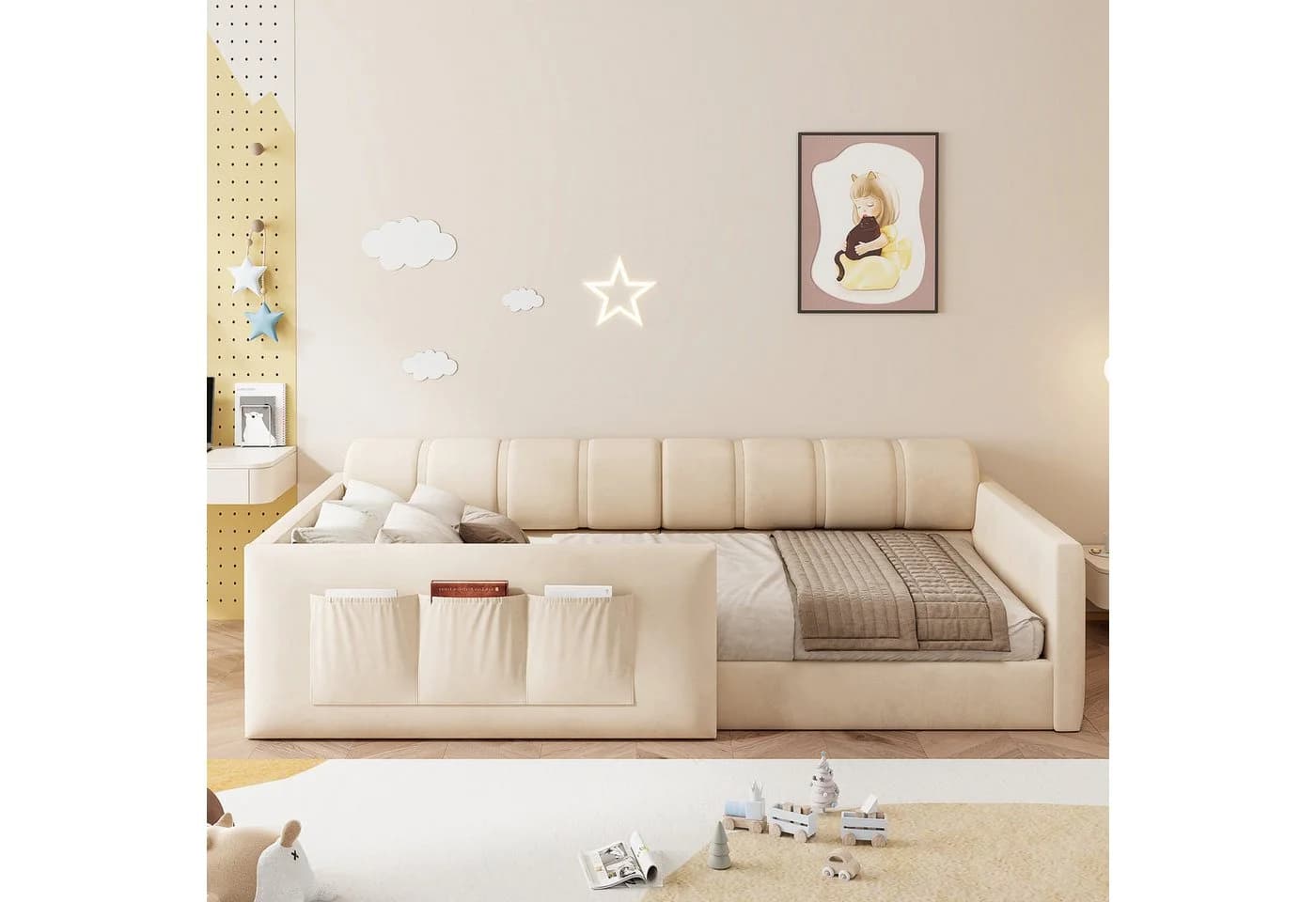 Flieks Polsterbett mit Stauraumtasche und Samtbezug Beige - Bild 3
