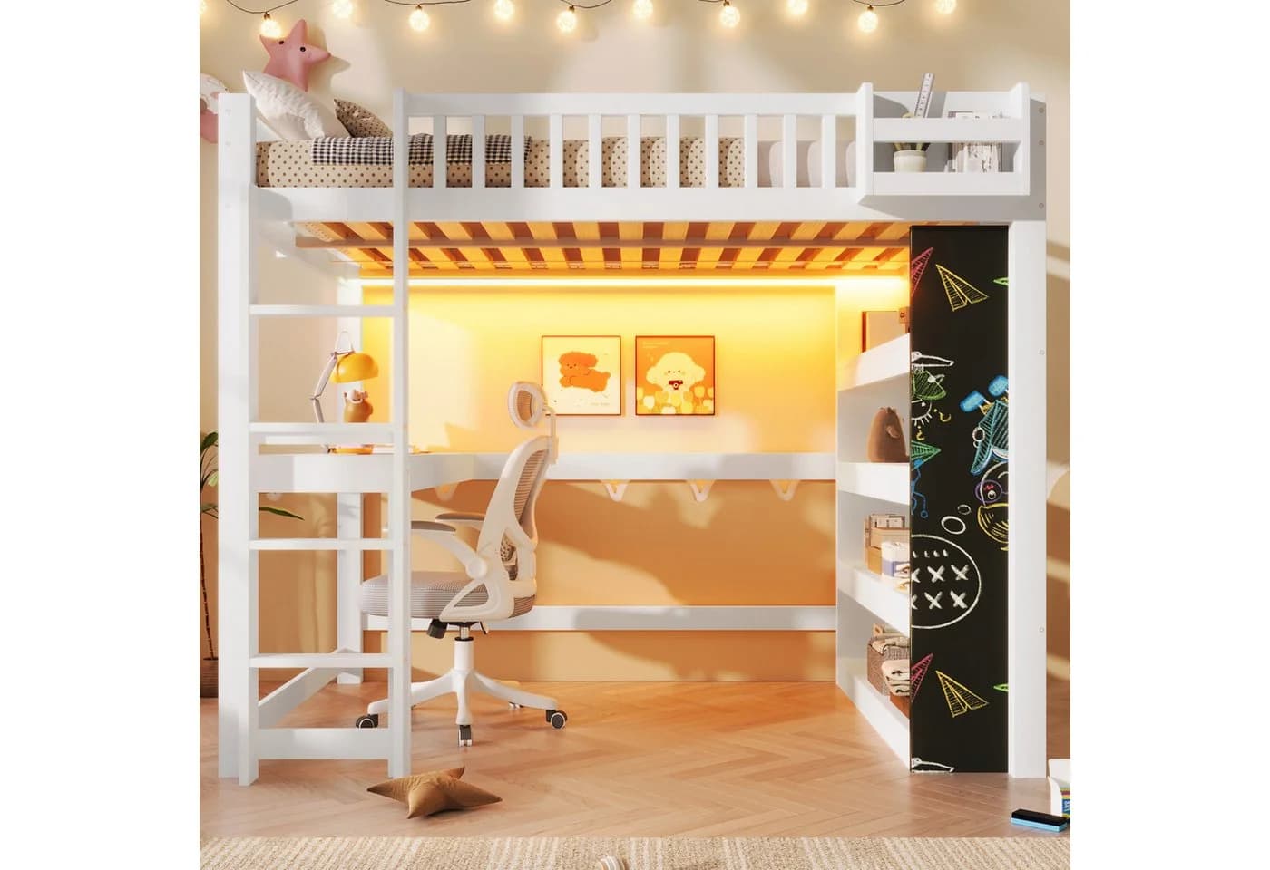 Flieks Hochbett mit Schreibtisch, Kreidetafel und LED-Leiste in Weiß