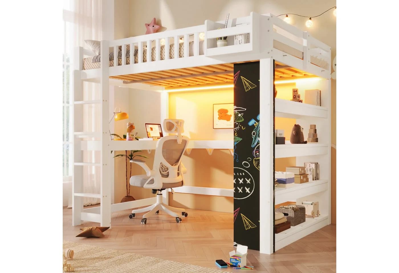 Flieks Hochbett mit Schreibtisch, Kreidetafel und LED-Leiste in Weiß - Bild 2