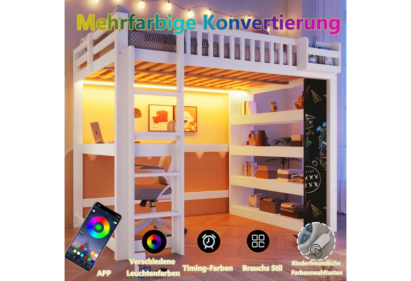 Flieks Hochbett mit Schreibtisch, Kreidetafel und LED-Leiste in Weiß - Bild 3