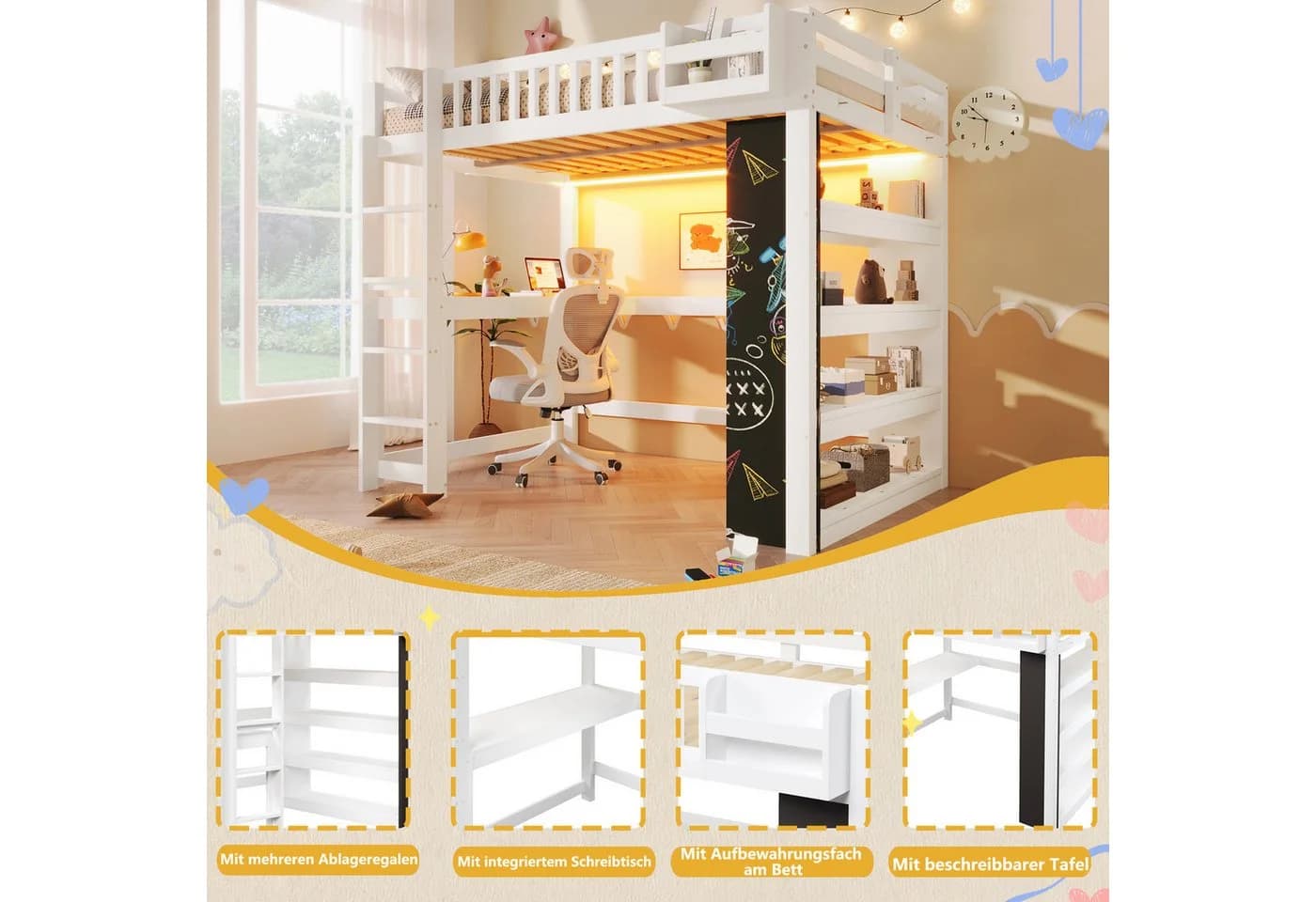 Flieks Hochbett mit Schreibtisch, Kreidetafel und LED-Leiste in Weiß - Bild 4