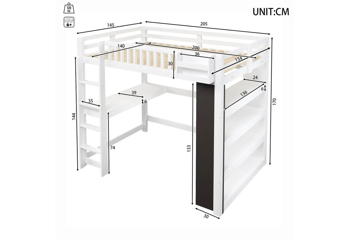 Flieks Hochbett mit Schreibtisch, Kreidetafel und LED-Leiste in Weiß - Bild 5