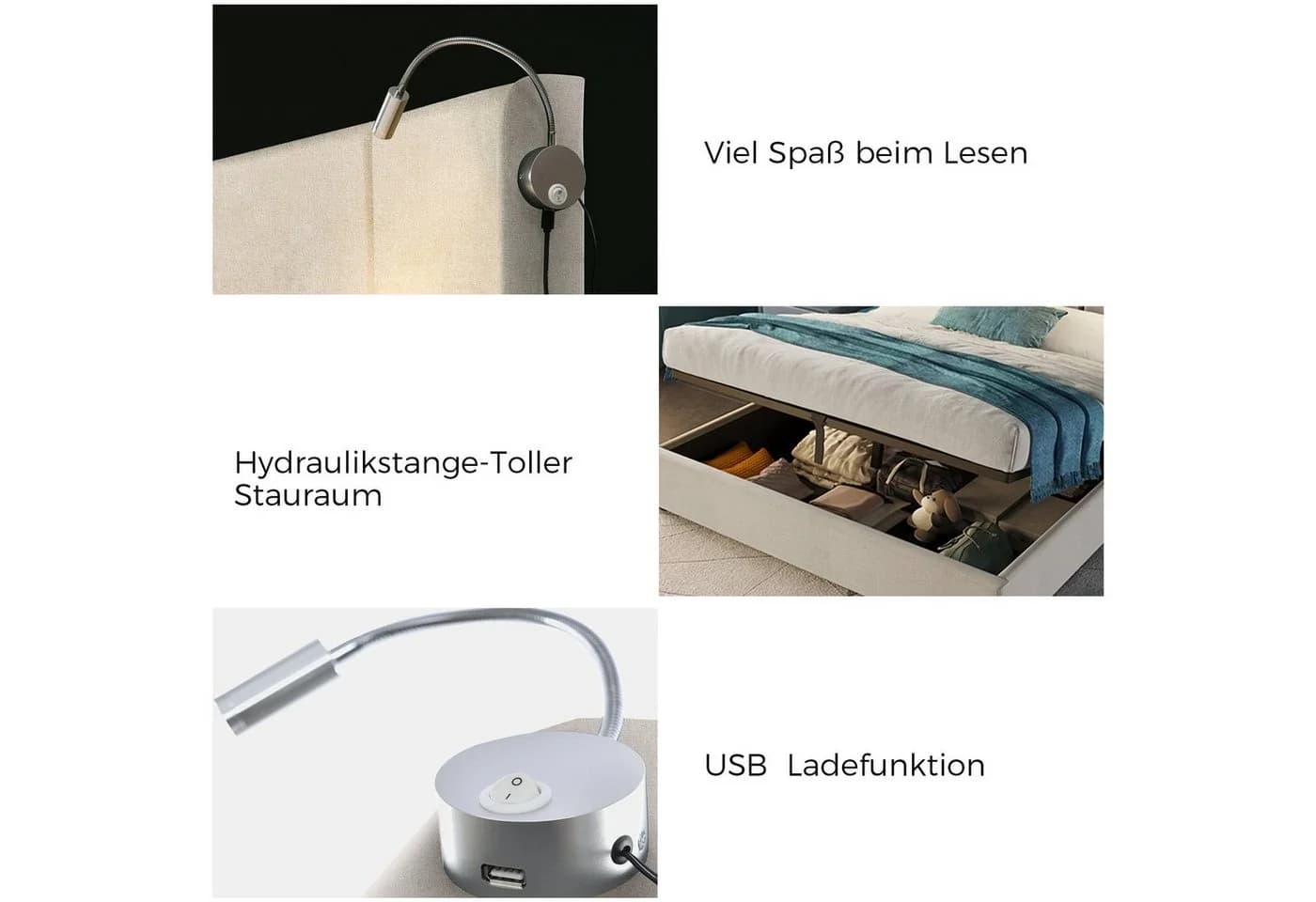 Flieks Polsterbett 180x200 Leinen Hydraulisches Stauraumbett mit Leselicht Beige - Bild 5