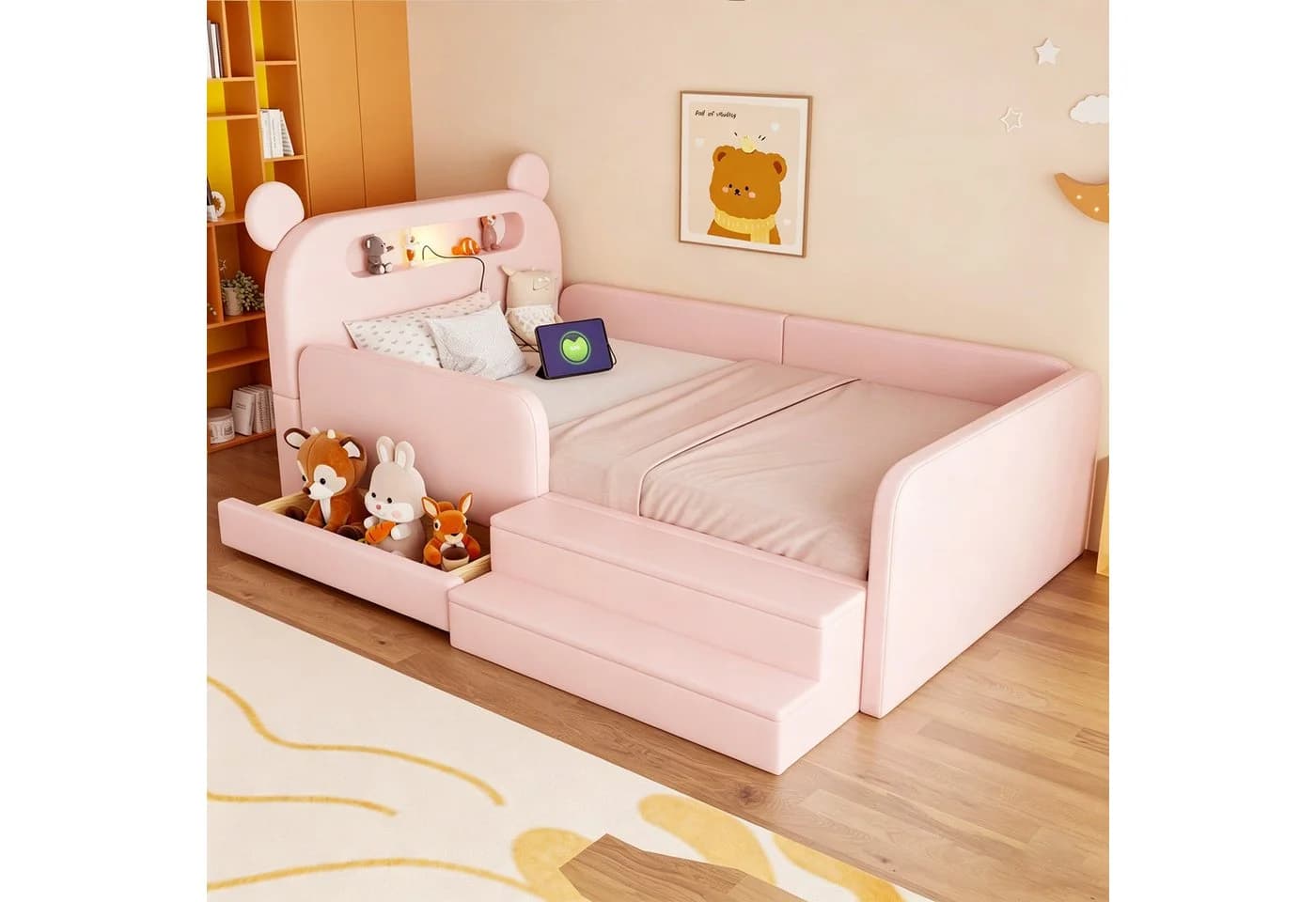 Flieks Polsterbett Rosa mit Bären-Kopfteil, Nachtlicht, USB & Schublade - Bild 3
