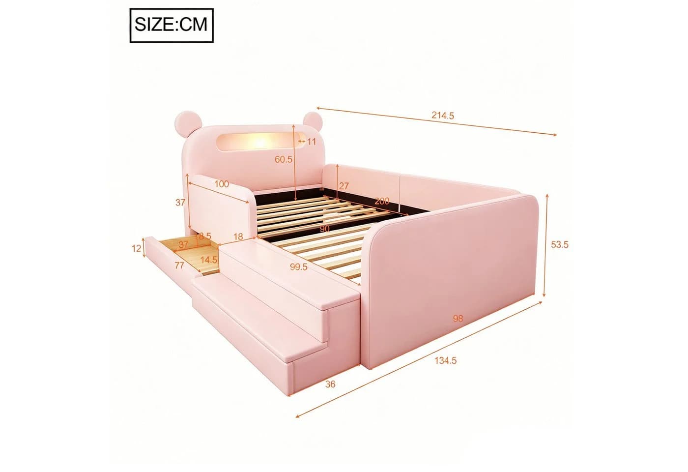 Flieks Polsterbett Rosa mit Bären-Kopfteil, Nachtlicht, USB & Schublade - Bild 4