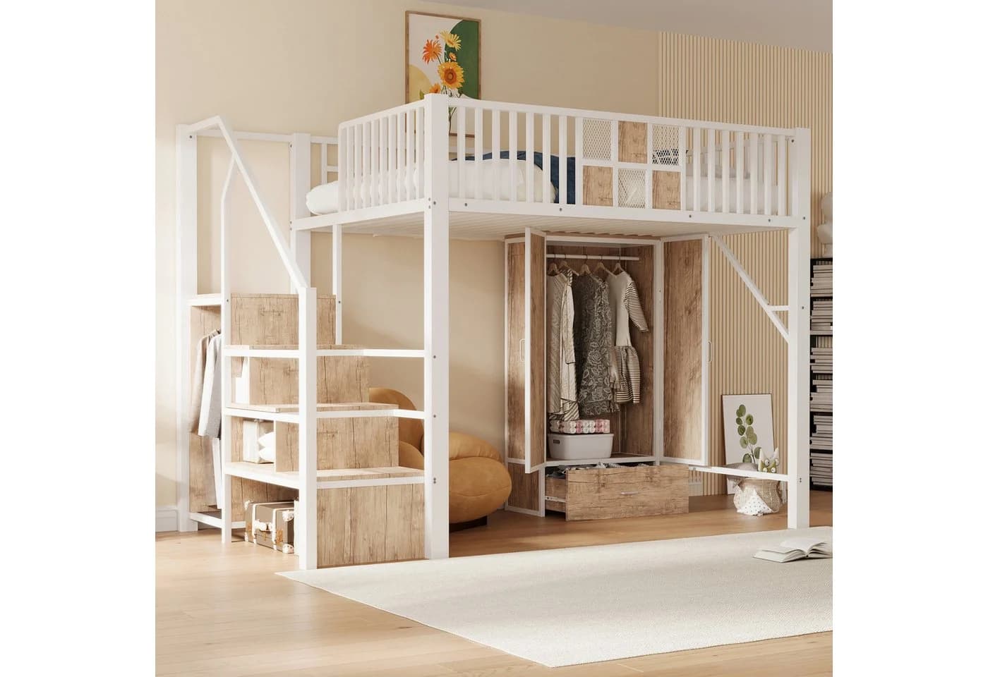 Flieks Hochbett Metall 140x200 mit Kleiderschrank & Stauraumtreppe - Bild 2