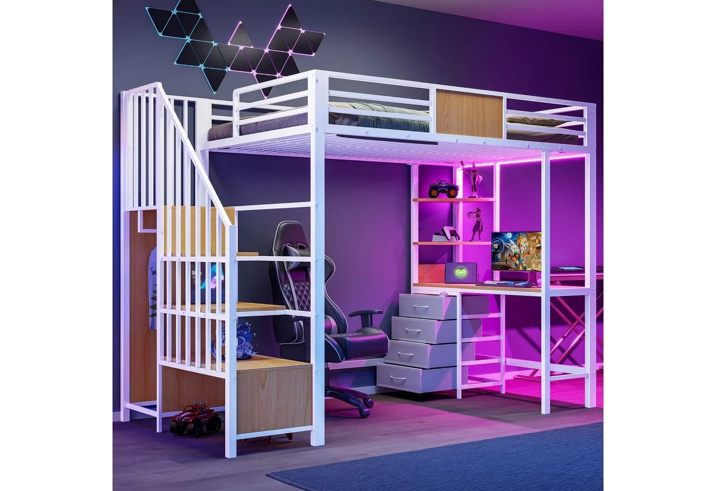 Flieks Hochbett Metall 90x200 mit Schreibtisch Stauraumtreppe LED - Bild 2
