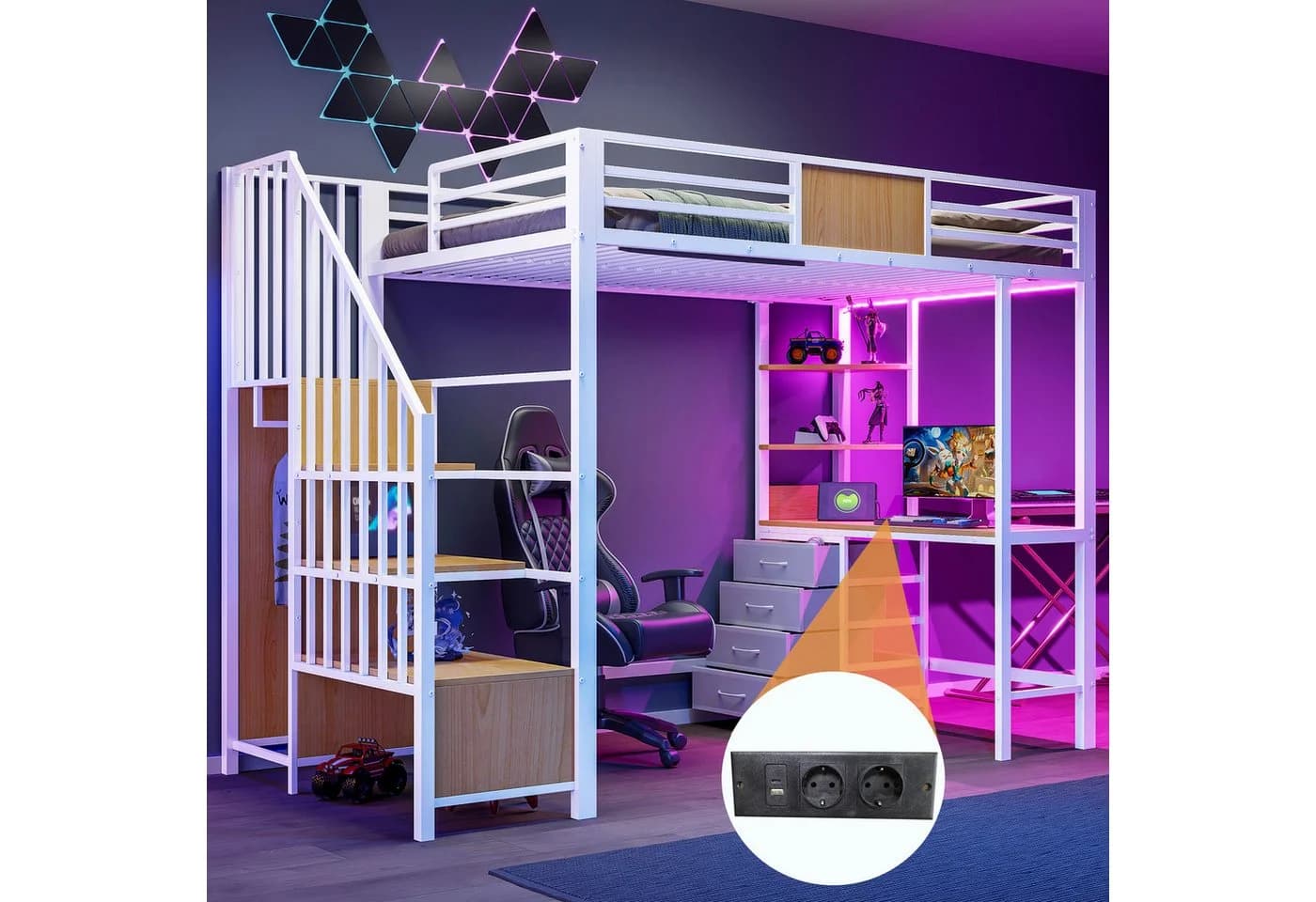 Flieks Hochbett Metall 90x200 mit Schreibtisch Stauraumtreppe LED - Bild 3