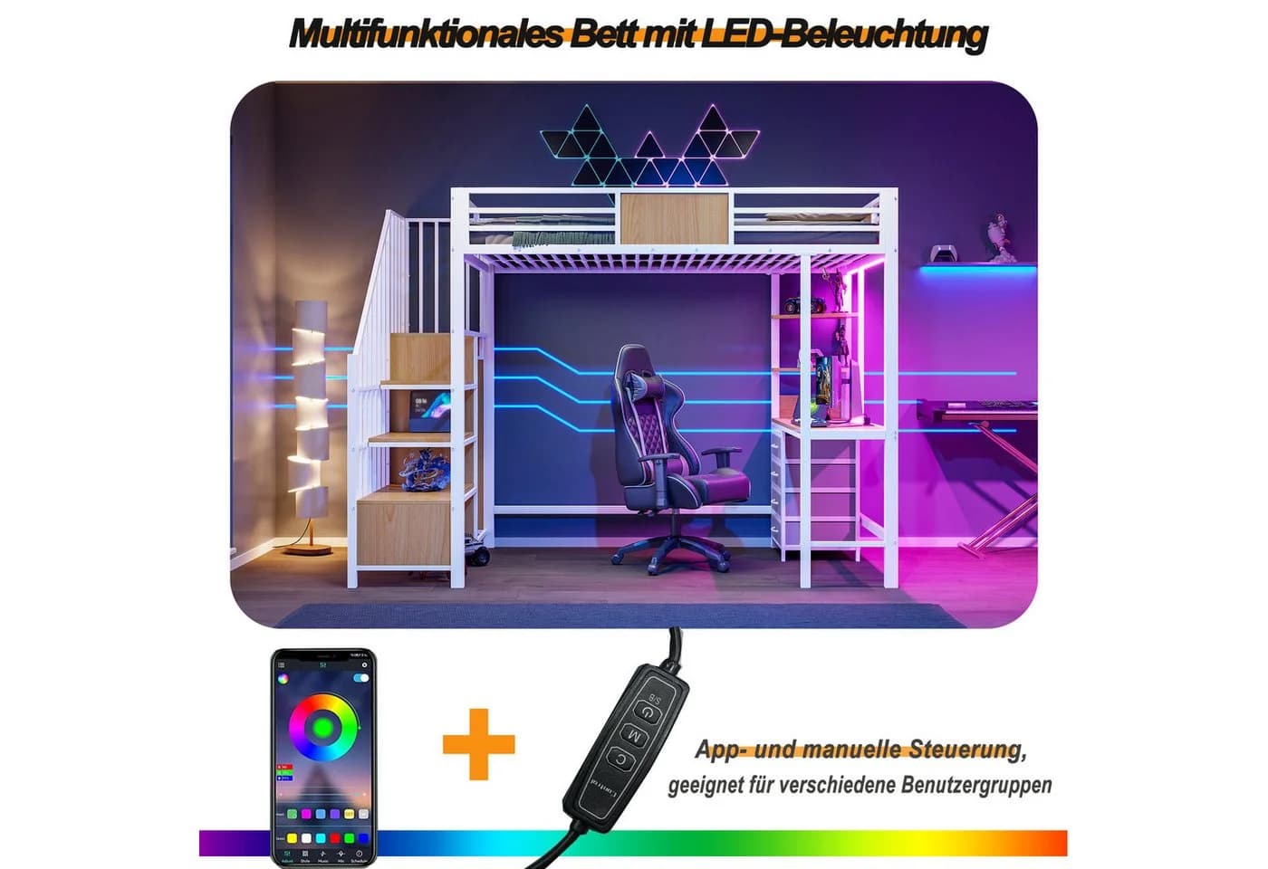 Flieks Hochbett Metall 90x200 mit Schreibtisch Stauraumtreppe LED - Bild 4