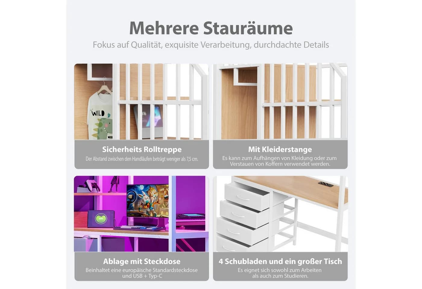 Flieks Hochbett Metall 90x200 mit Schreibtisch Stauraumtreppe LED - Bild 5