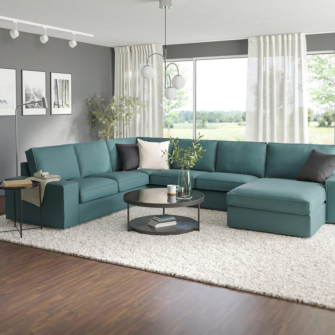 IKEA KIVIK 5er-Ecksofa mit Récamiere Grau/Türkis