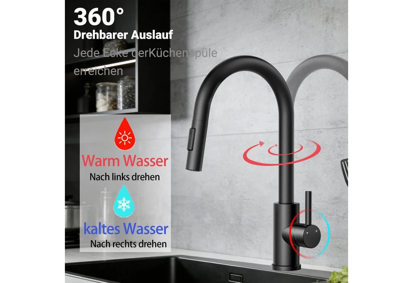 AICA Küchenarmatur Schwarz Ausziehbar 360° Edelstahl - Bild 4