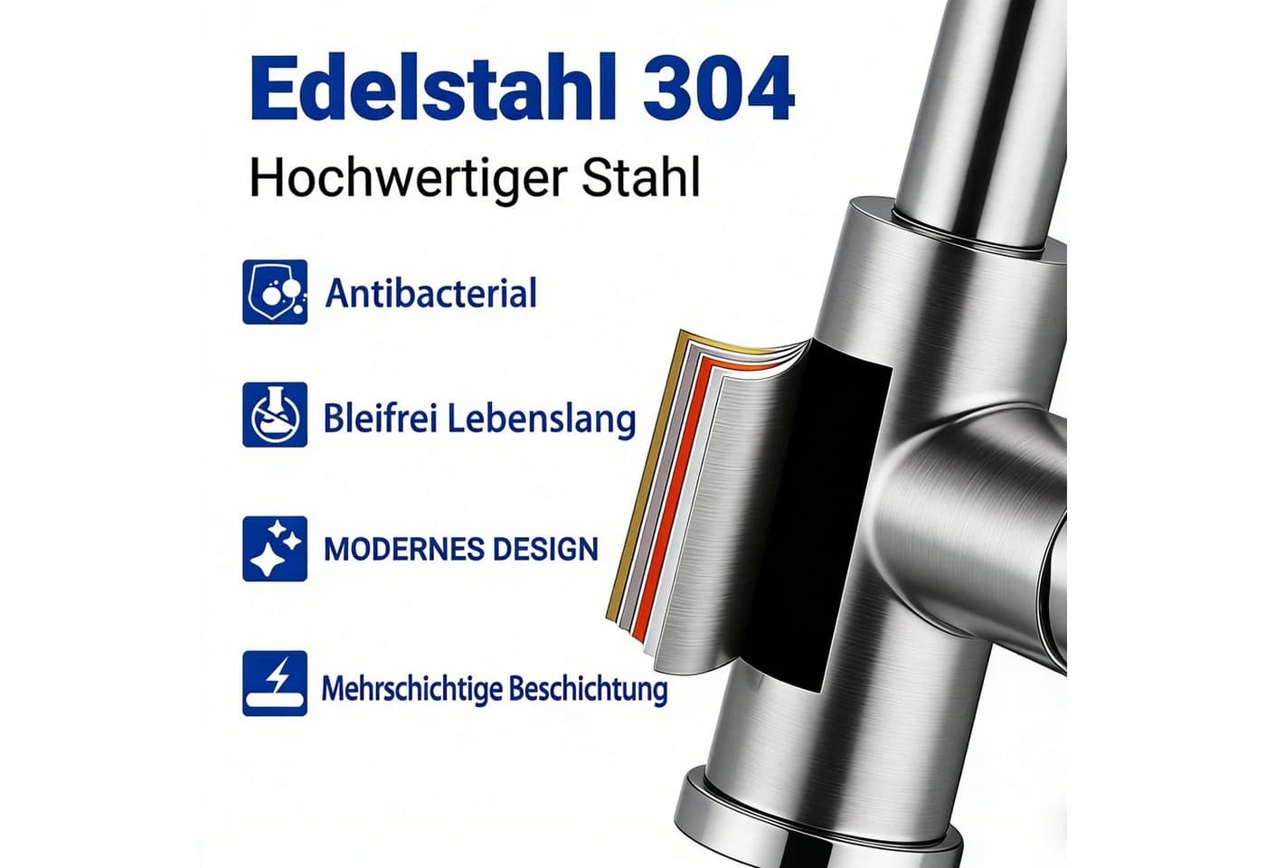 AICA Küchenarmatur Edelstahl 360° drehbar ausziehbar Einhebelmischer - Bild 5