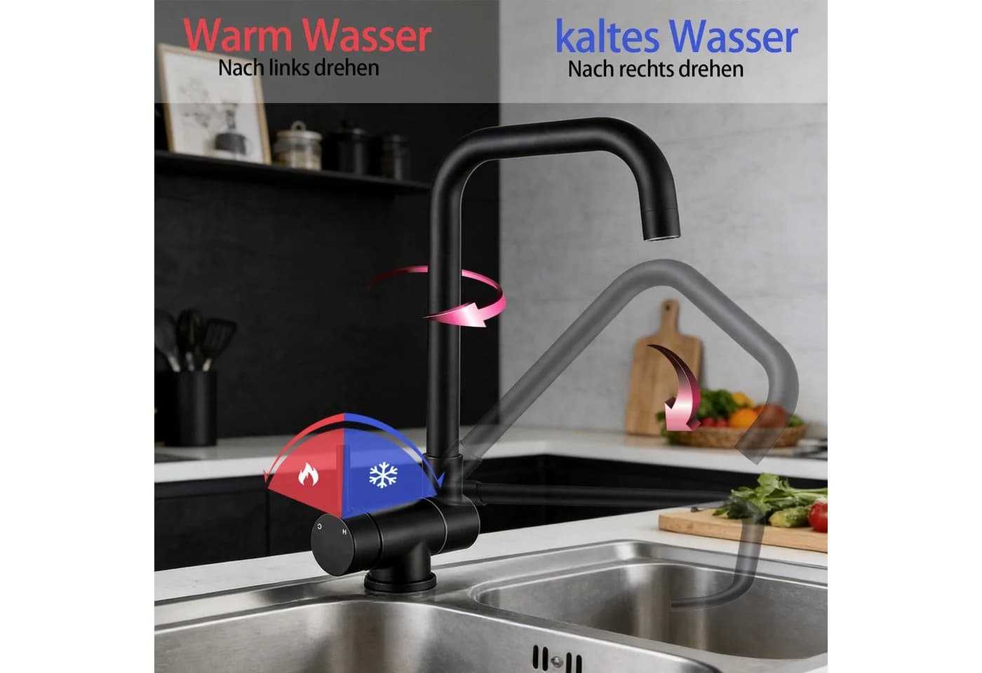 AICA Küchenarmatur Schwarz 360° Dreh & 90° Klappfunktion Edelstahl - Bild 3
