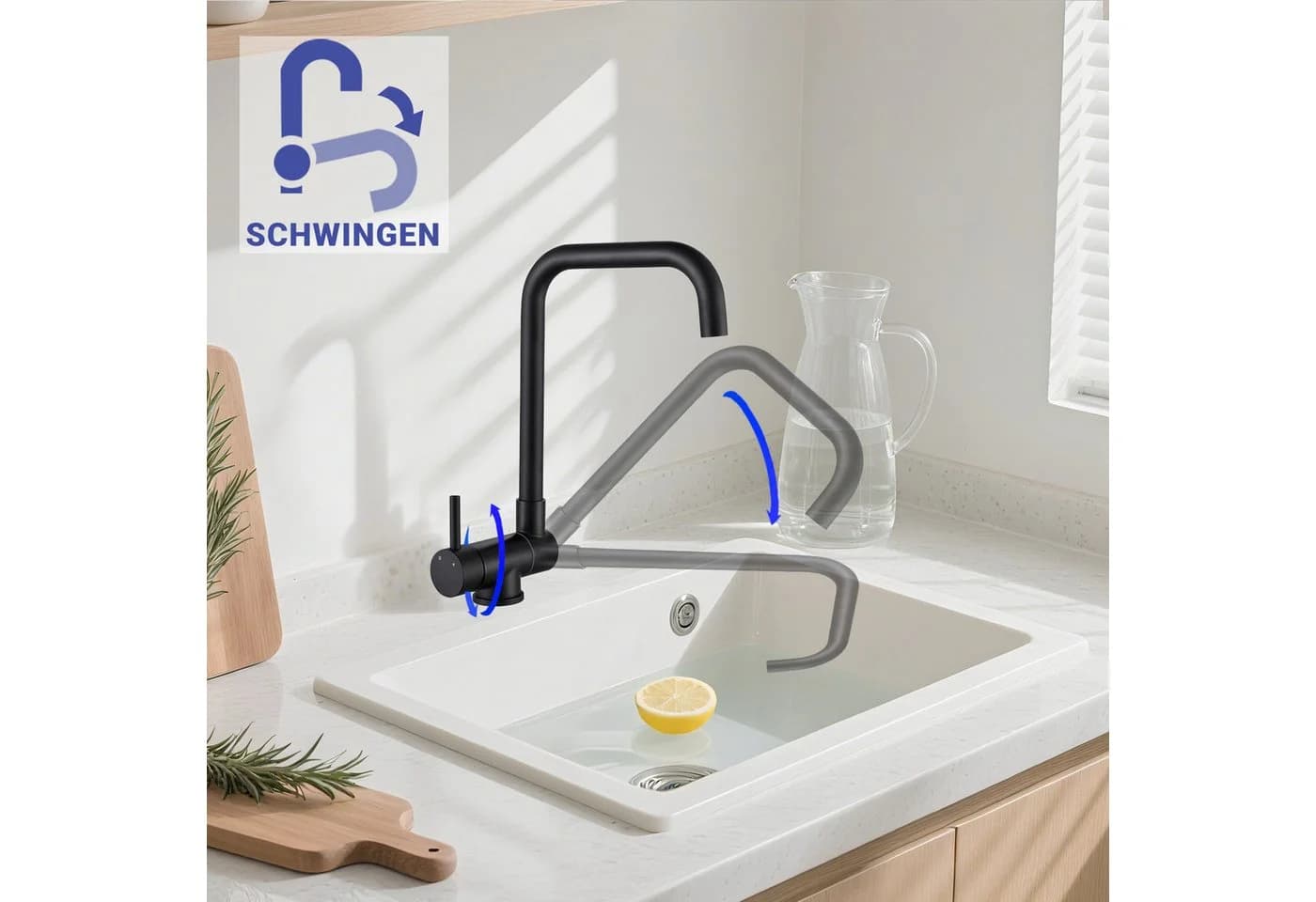 AICA Küchenarmatur Wasserhahn Küche, L-Form Einhebelmischer aus Edelstahl - Bild 3
