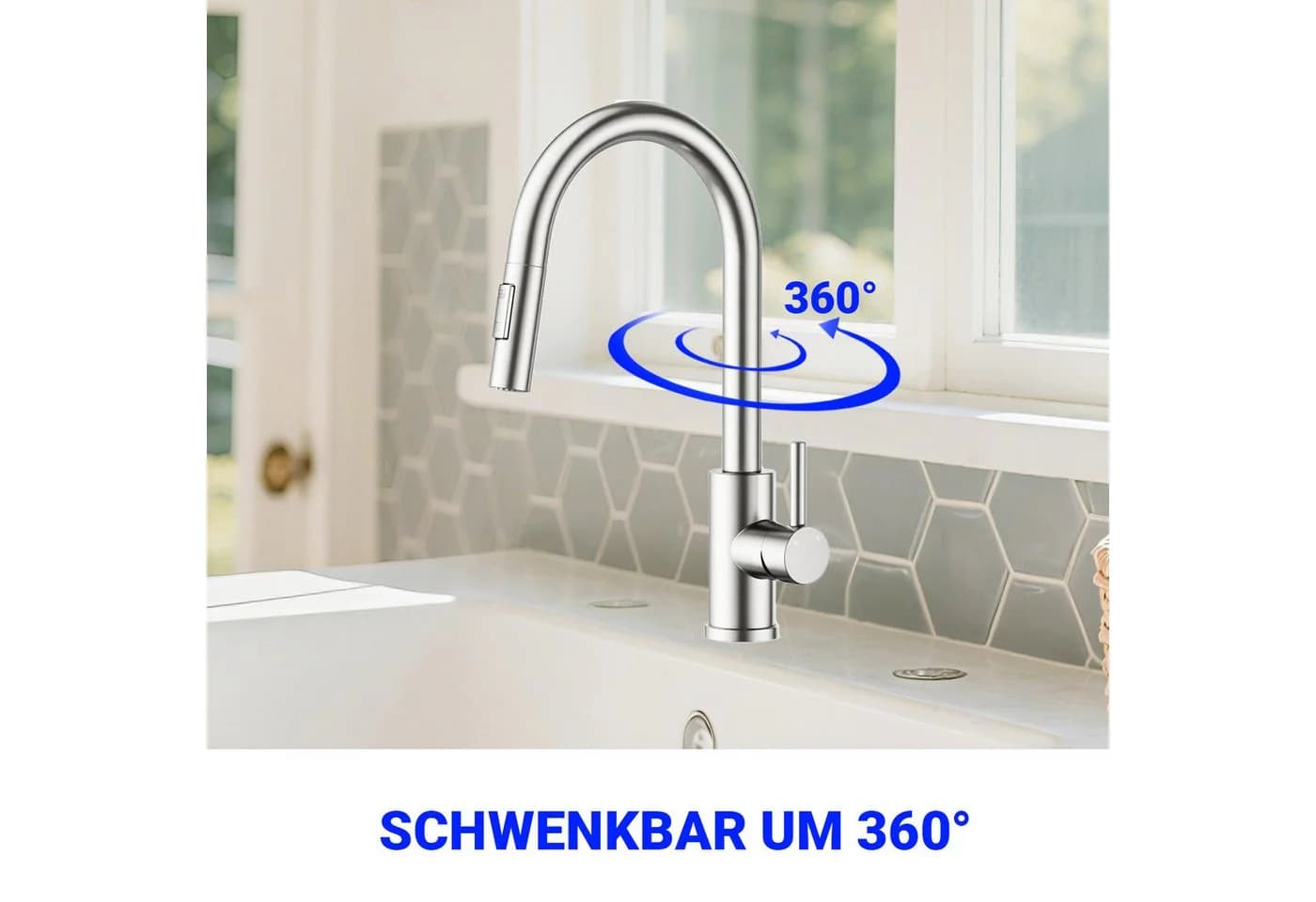 AICA Küchenarmatur Ausziehbar 360° Schwenkbar Silber